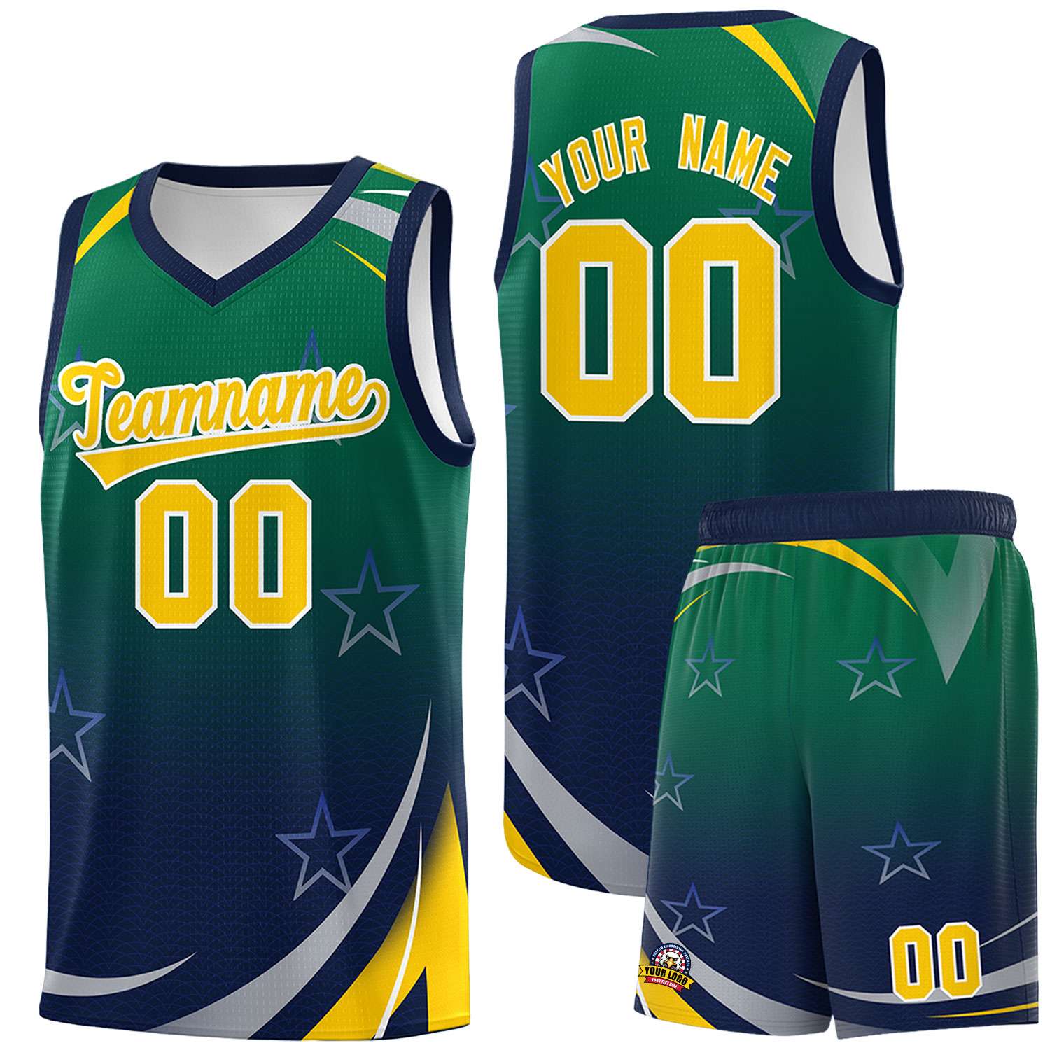 Custom Kelly Green Navy Gradient Star Graffiti Pattern Sports Uniform Basketball Jersey