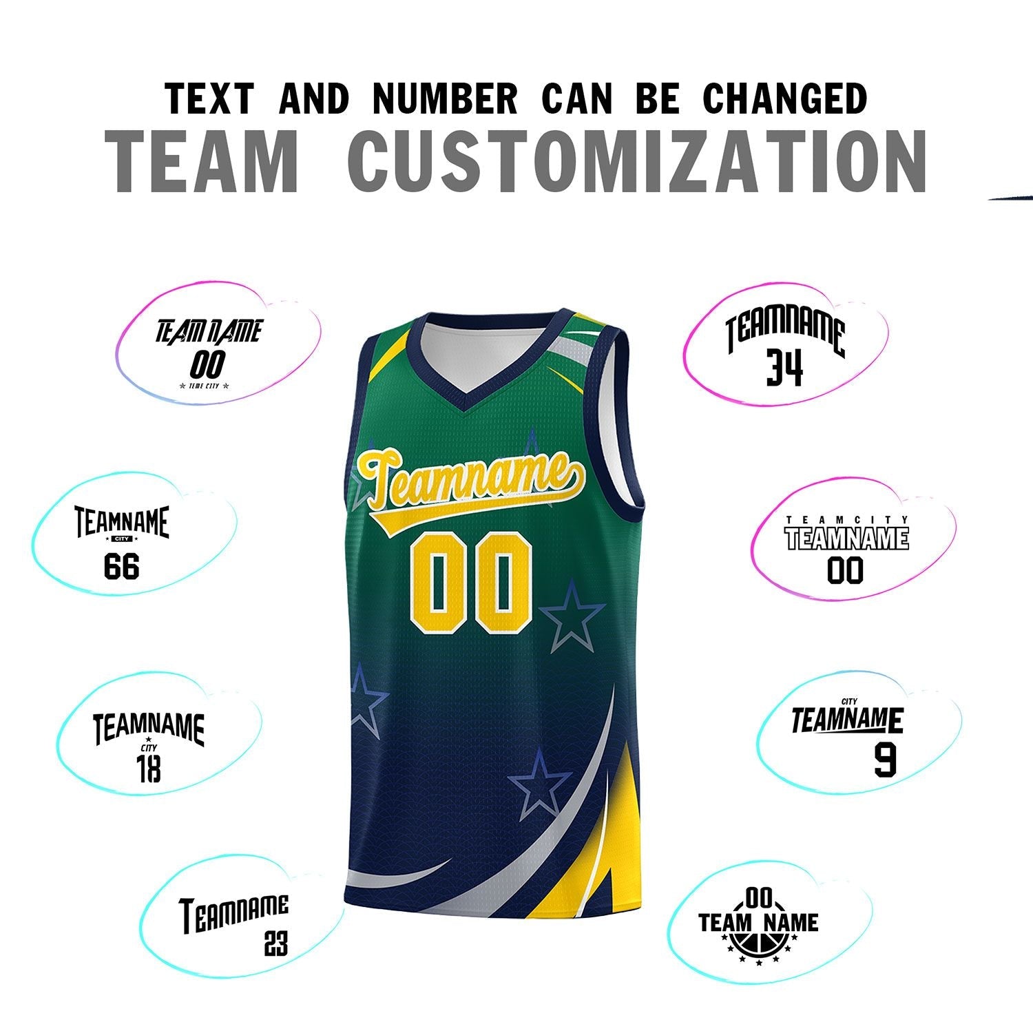 Custom Kelly Green Navy Gradient Star Graffiti Pattern Sports Uniform Basketball Jersey