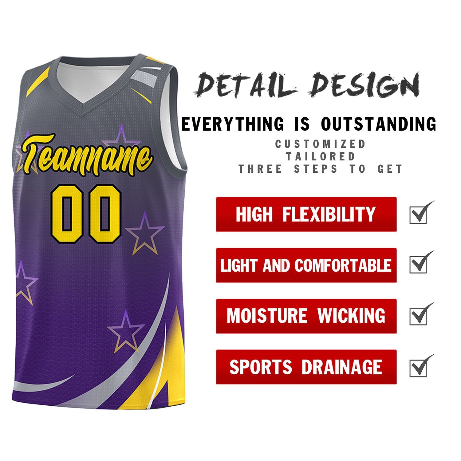 Custom Gray Purple Gradient Star Graffiti Pattern Sports Uniform Basketball Jersey