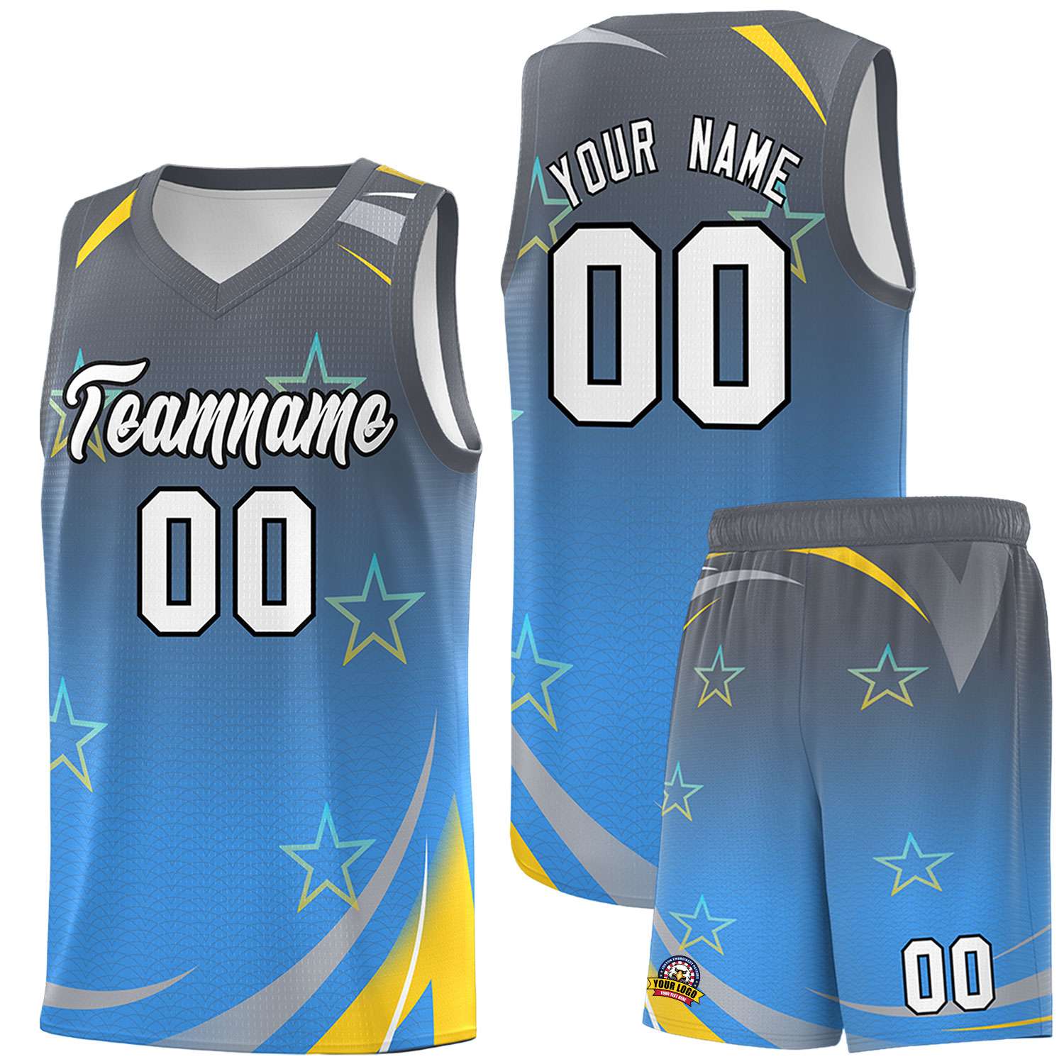 Custom Gray Powder Blue Gradient Star Graffiti Pattern Sports Uniform Basketball Jersey