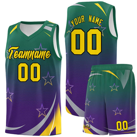 Custom Kelly Green Purple Gradient Star Graffiti Pattern Sports Uniform Basketball Jersey