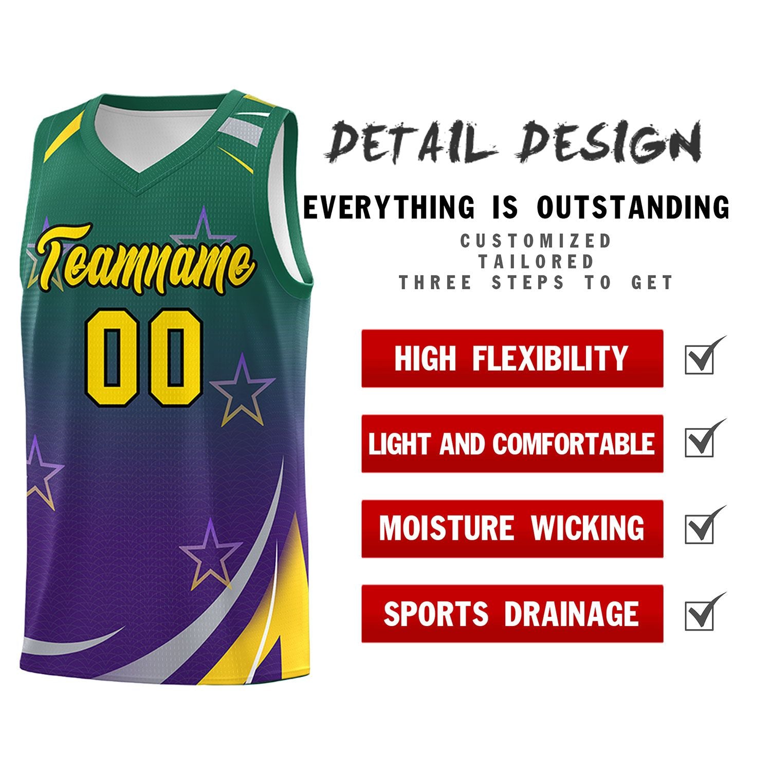 Custom Kelly Green Purple Gradient Star Graffiti Pattern Sports Uniform Basketball Jersey