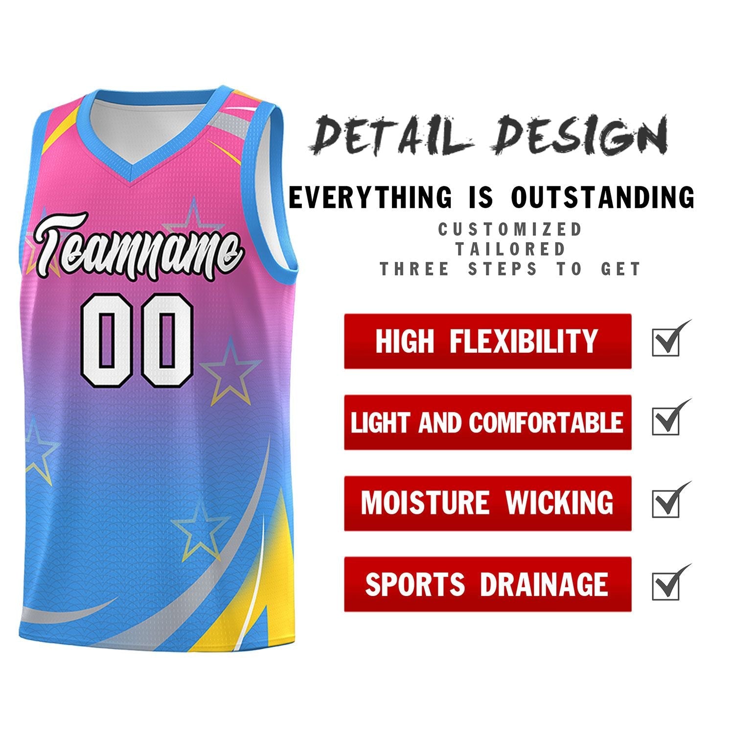 Custom Pink Powder Blue Gradient Star Graffiti Pattern Sports Uniform Basketball Jersey