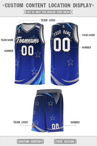 Custom Navy Royal Gradient Star Graffiti Pattern Sports Uniform Basketball Jersey