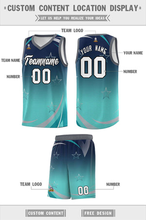 Custom Navy Aqua Gradient Star Graffiti Pattern Sports Uniform Basketball Jersey