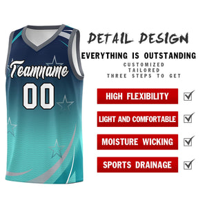 Custom Navy Aqua Gradient Star Graffiti Pattern Sports Uniform Basketball Jersey