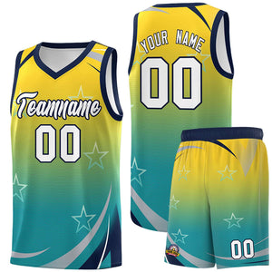 Custom Gold Aqua Gradient Star Graffiti Pattern Sports Uniform Basketball Jersey