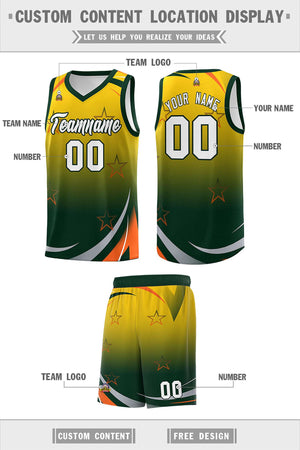 Custom Gold Green Gradient Star Graffiti Pattern Sports Uniform Basketball Jersey