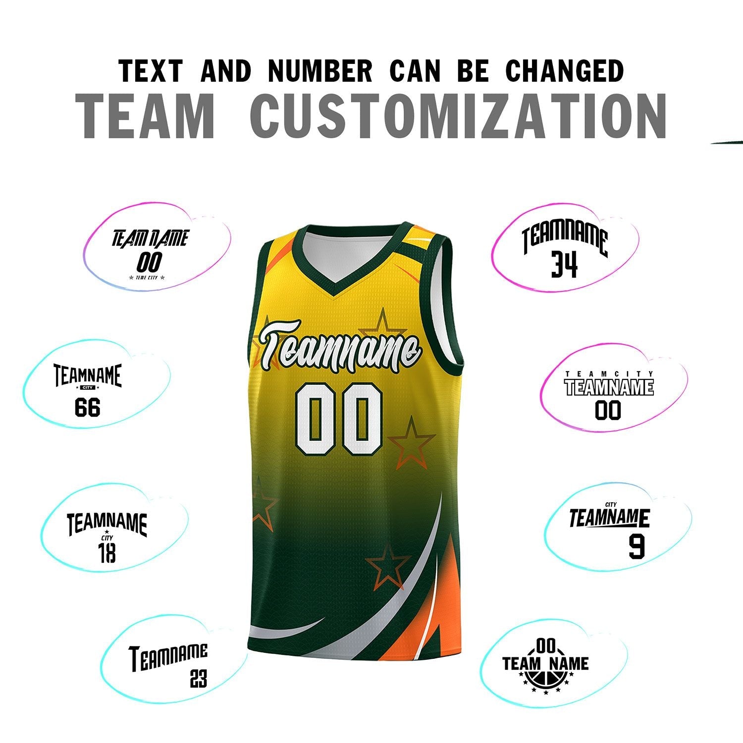 Custom Gold Green Gradient Star Graffiti Pattern Sports Uniform Basketball Jersey