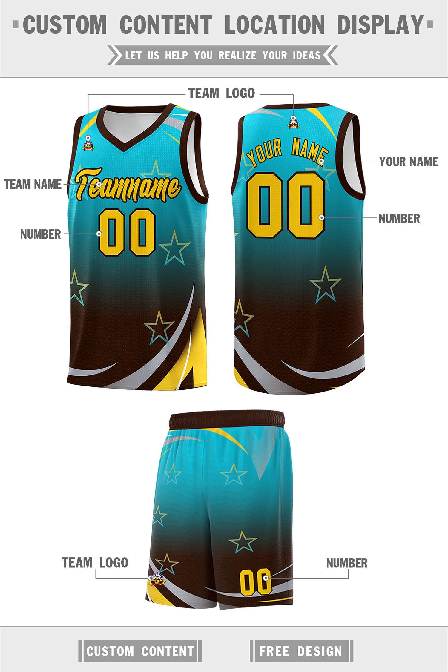 Custom Sky Blue Brown Gradient Star Graffiti Pattern Sports Uniform Basketball Jersey