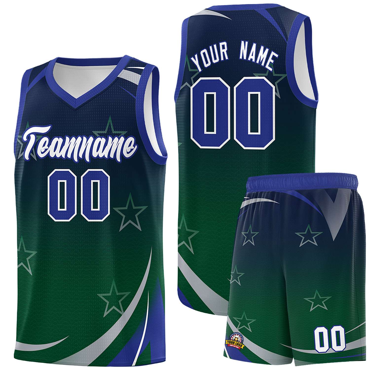 Custom Navy Green Gradient Star Graffiti Pattern Sports Uniform Basketball Jersey