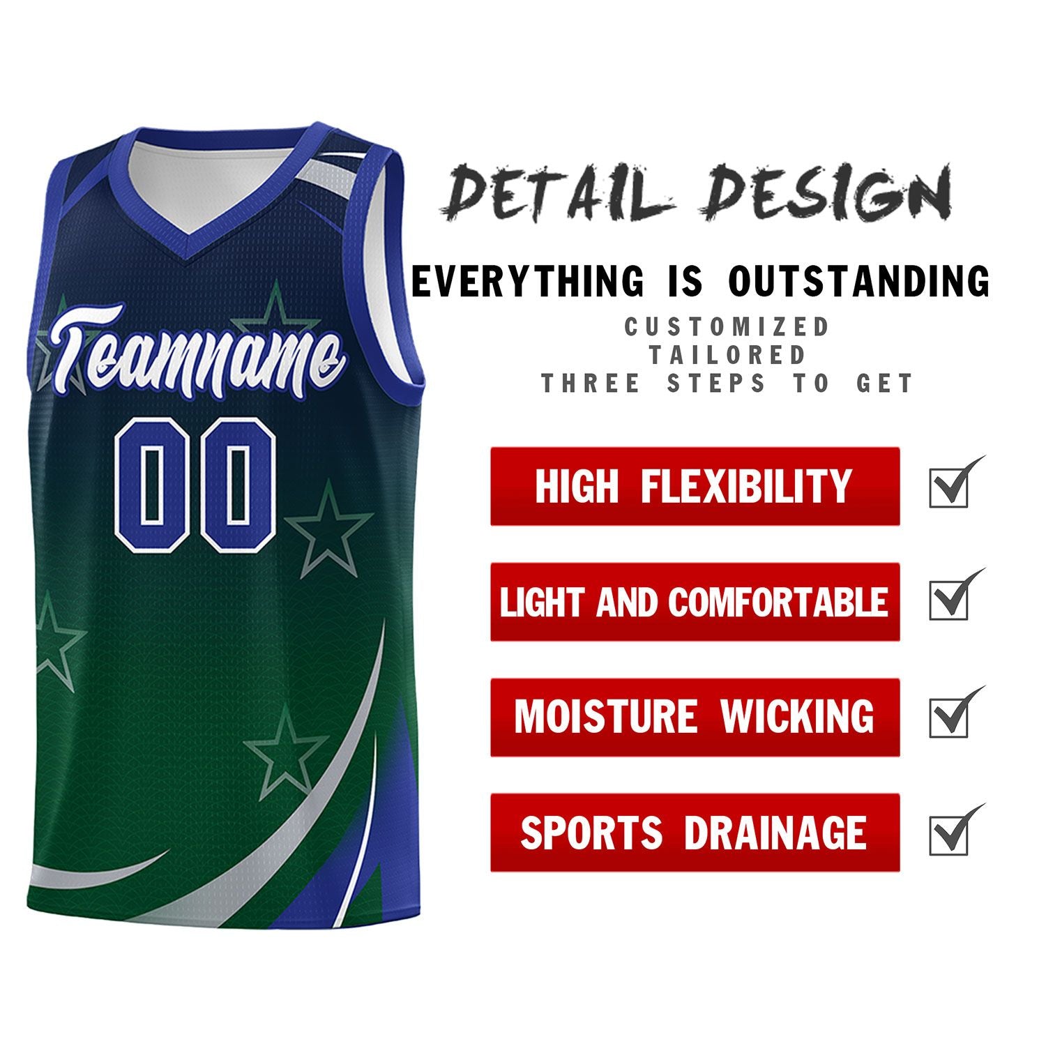 Custom Navy Green Gradient Star Graffiti Pattern Sports Uniform Basketball Jersey