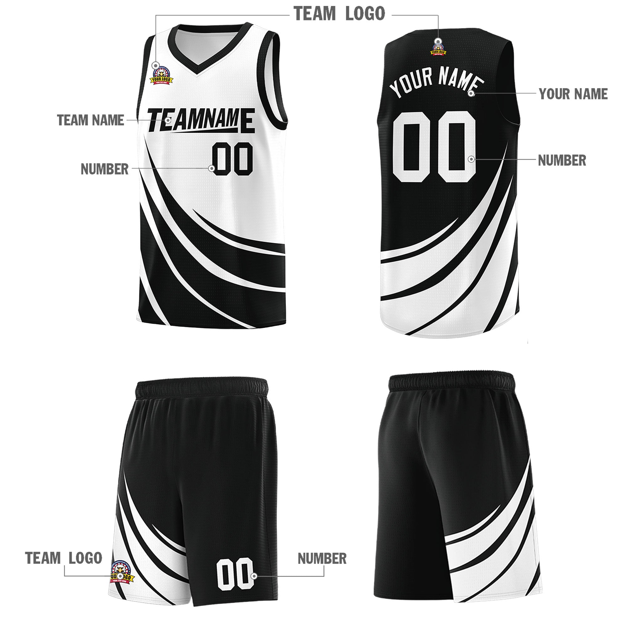 Custom Black White Double Side Sets Design Sportswear Basketball Jersey