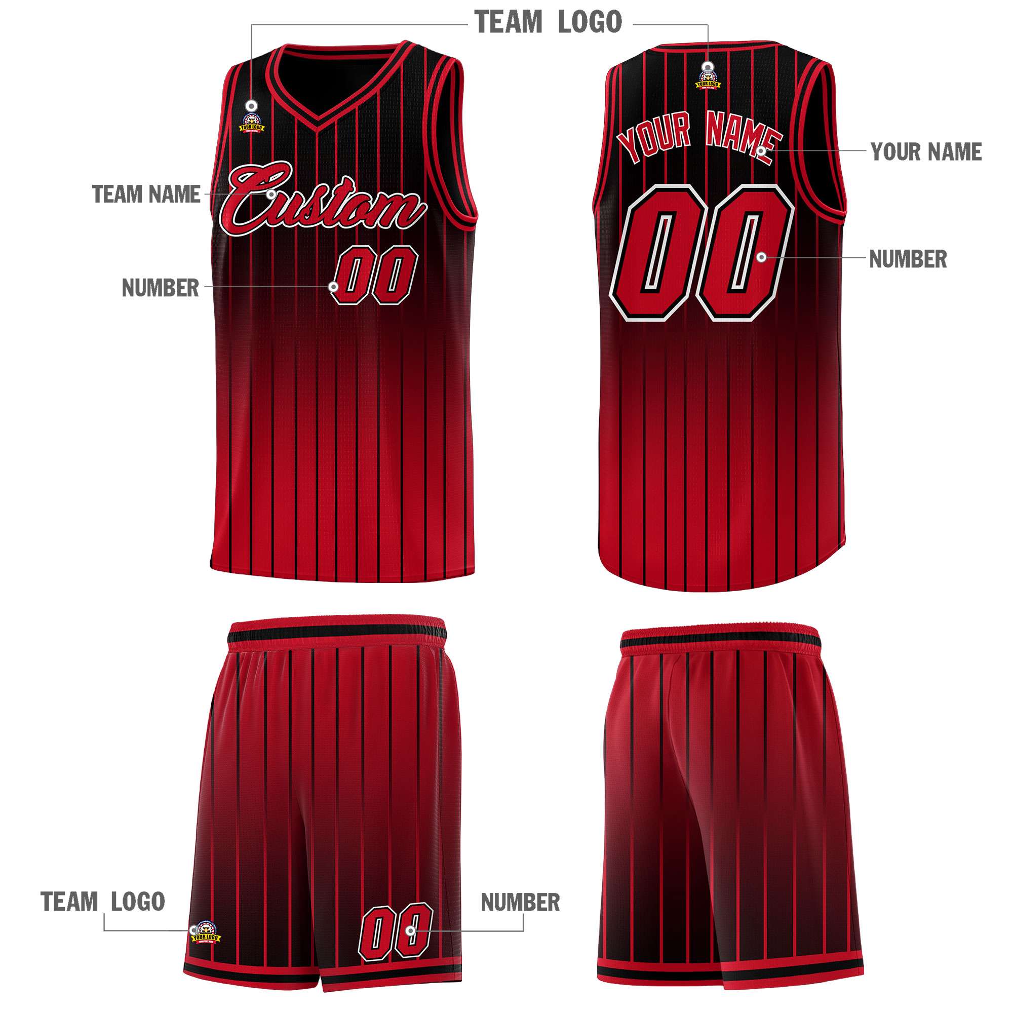 Custom Black Red Gradient Fashion Sets Sports Stripe Uniform Basketball Jersey