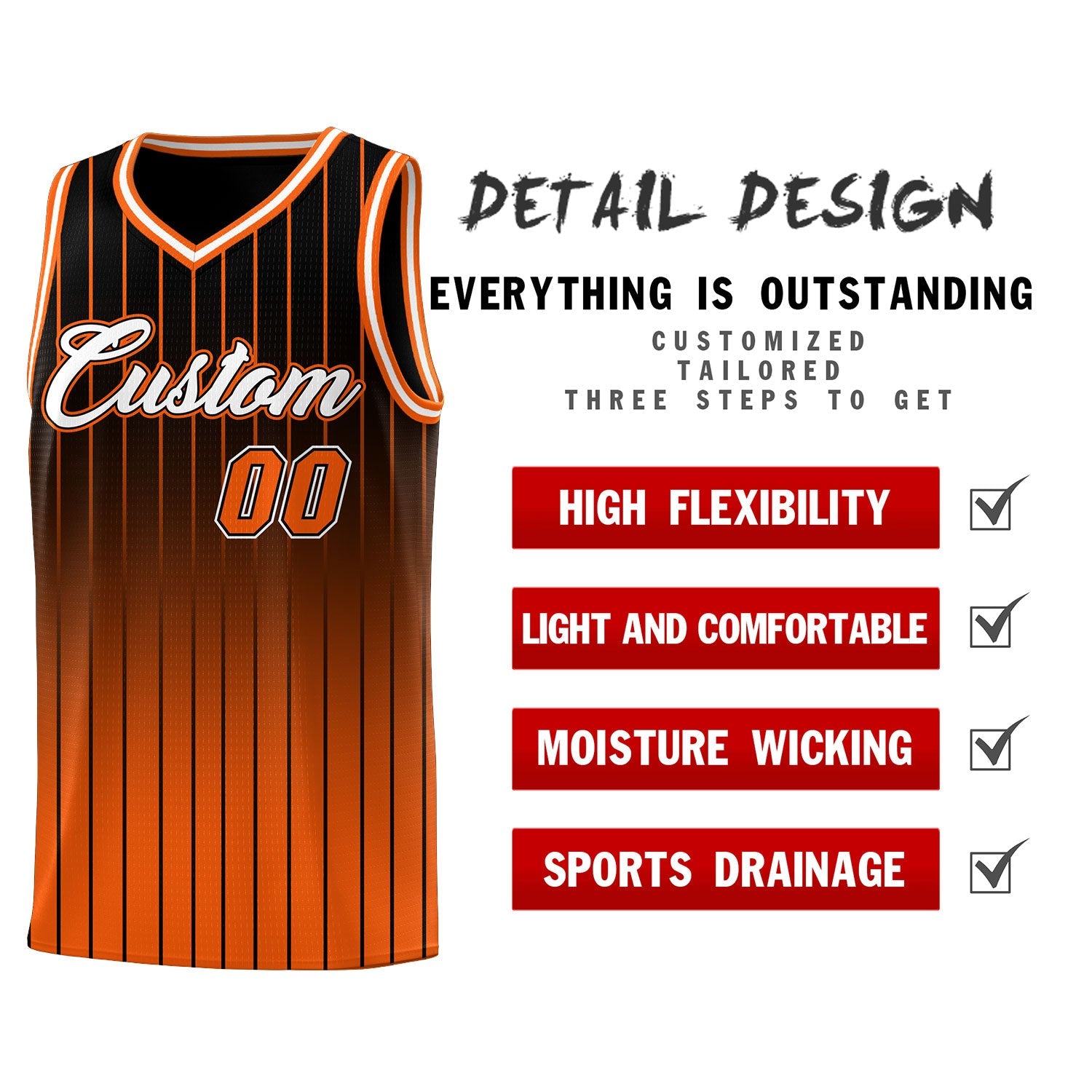 Custom Black Orange Gradient Fashion Sets Sports Stripe Uniform Basketball Jersey