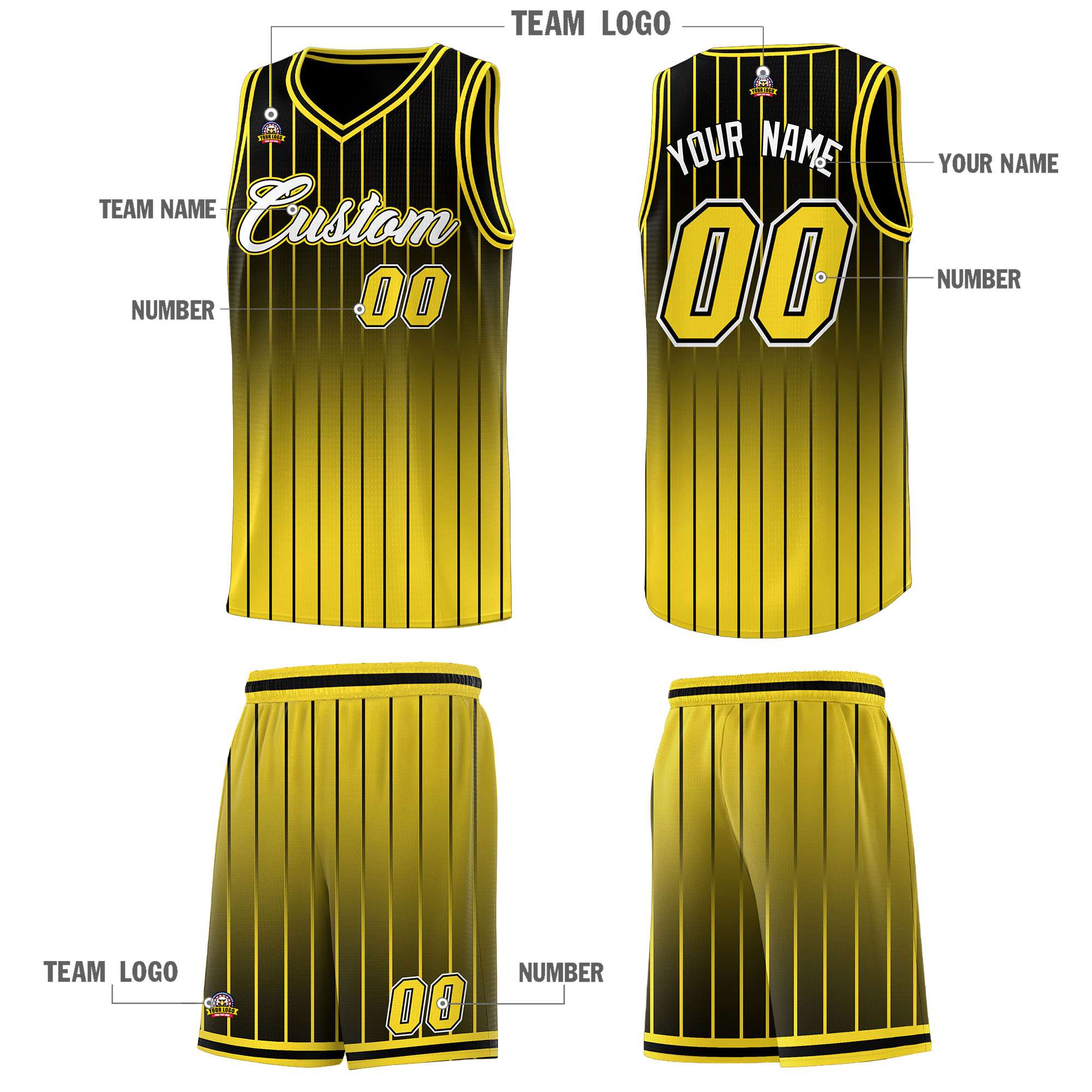 Custom Black Gold Gradient Fashion Sets Sports Stripe Uniform Basketball Jersey