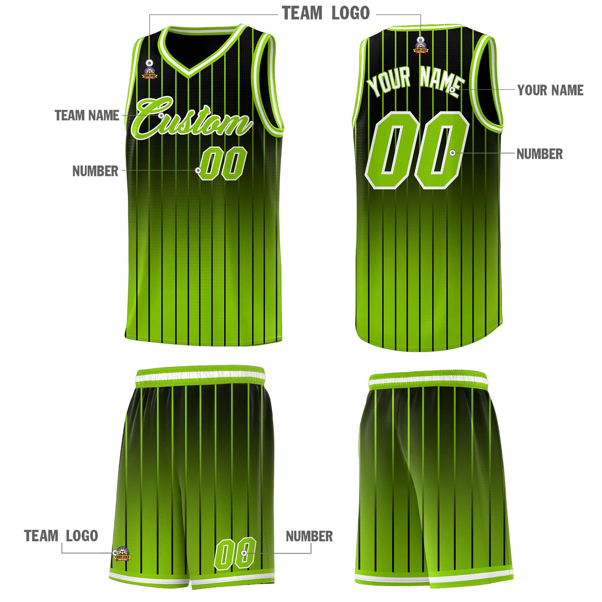 Custom Black Neon Green Gradient Fashion Sets Sports Stripe Uniform Basketball Jersey