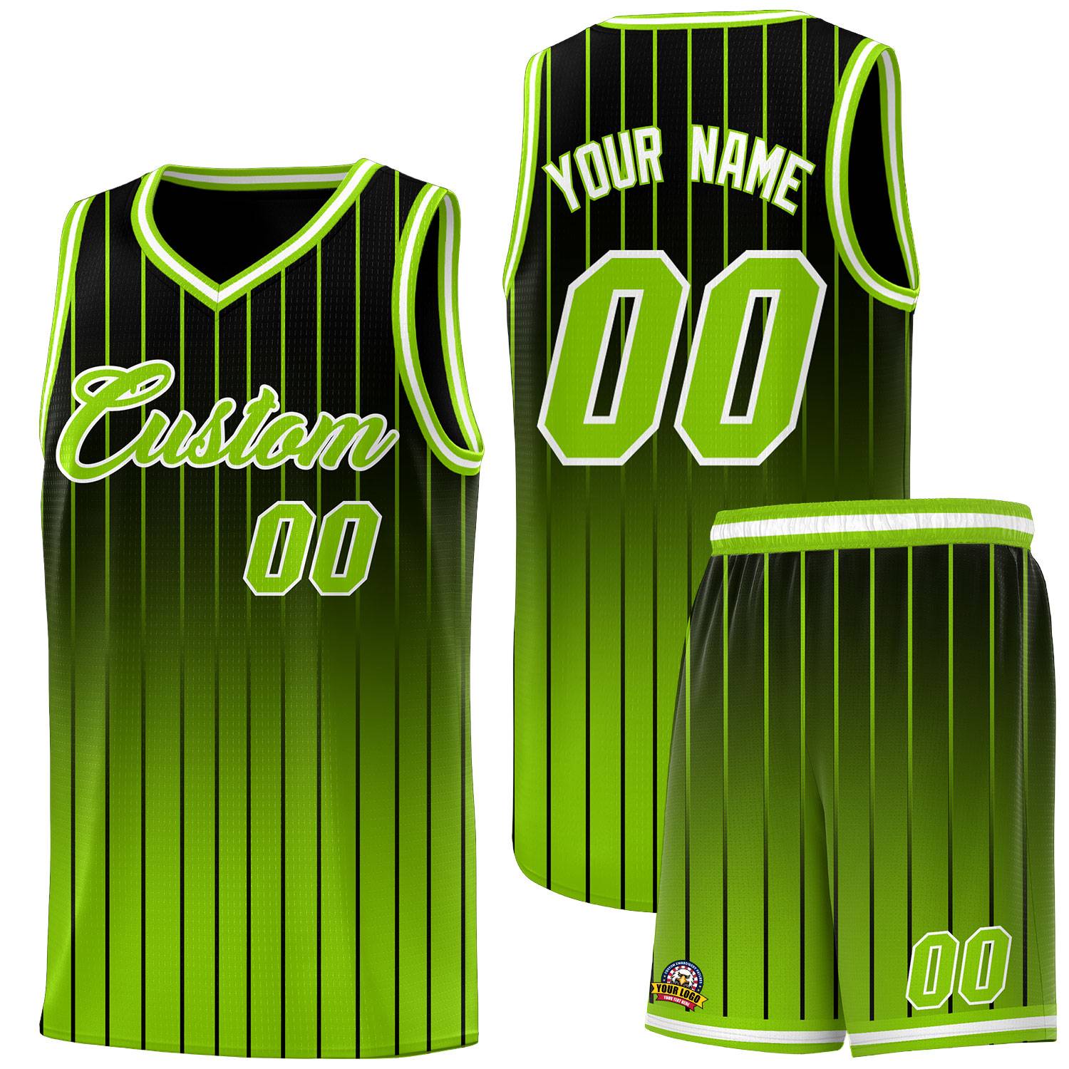 Custom Black Neon Green Gradient Fashion Sets Sports Stripe Uniform Basketball Jersey