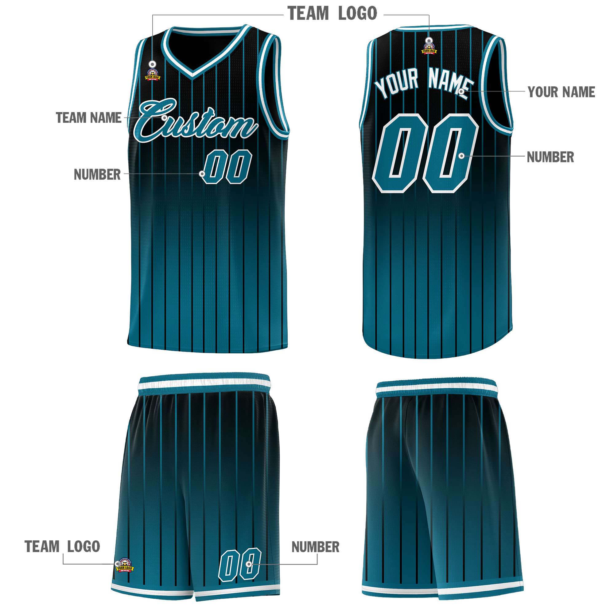 Custom Black Aqua Gradient Fashion Sets Sports Stripe Uniform Basketball Jersey