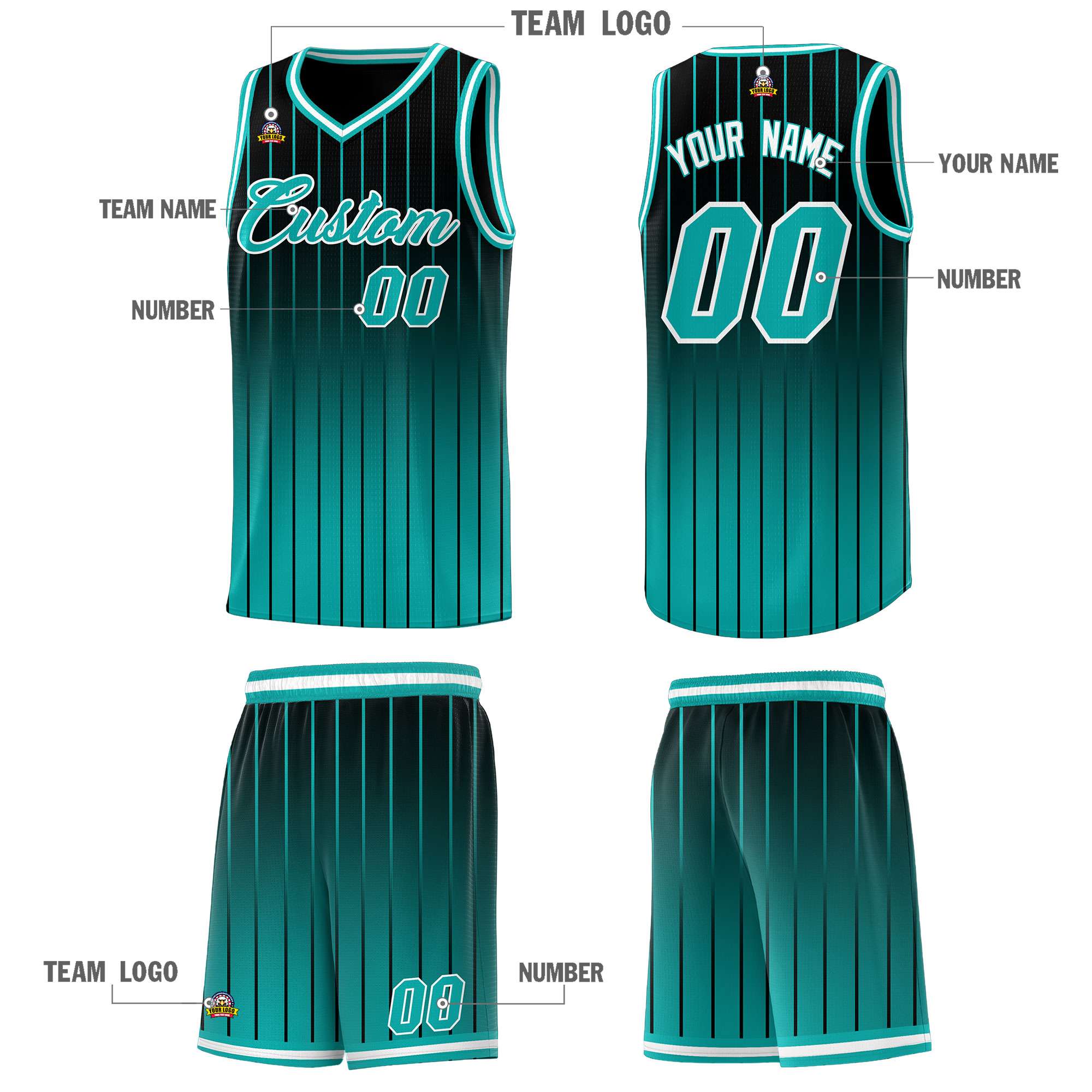 Custom Black Aqua Gradient Fashion Sets Sports Stripe Uniform Basketball Jersey