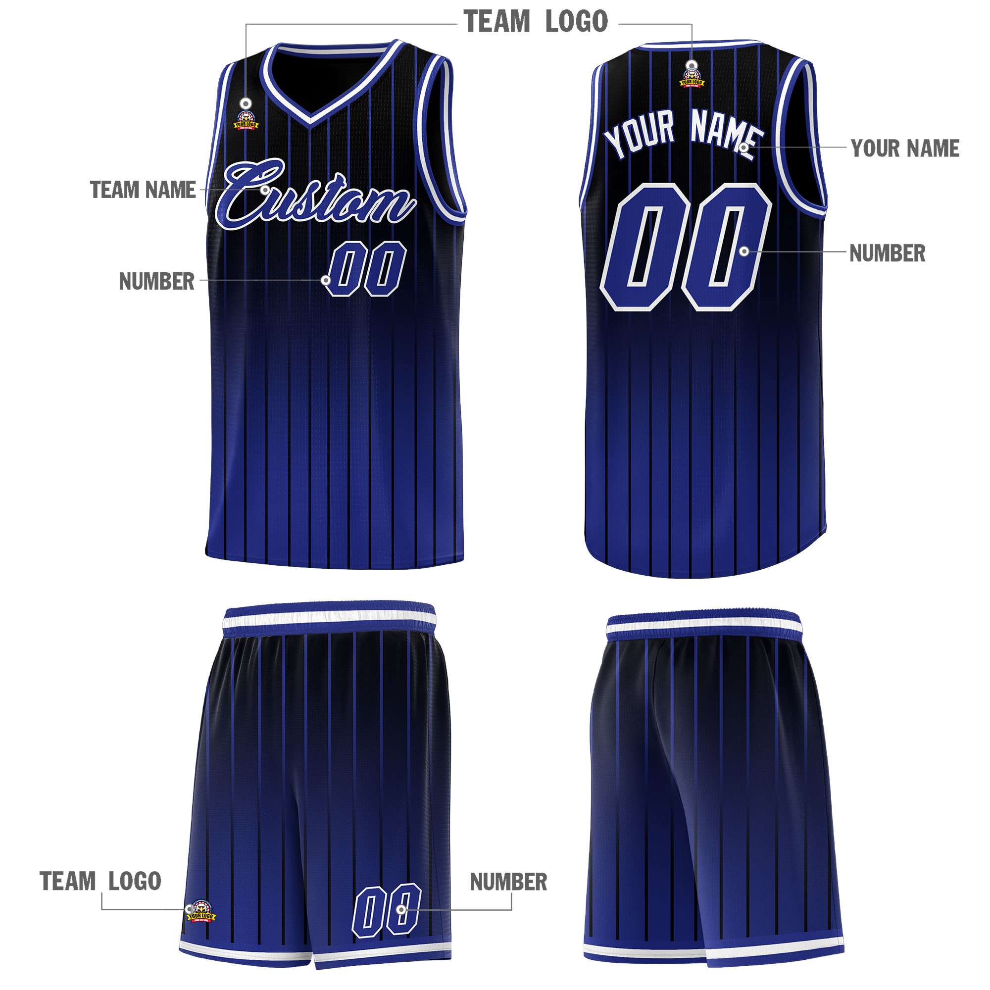 Custom Black Royal Gradient Fashion Sets Sports Stripe Uniform Basketball Jersey