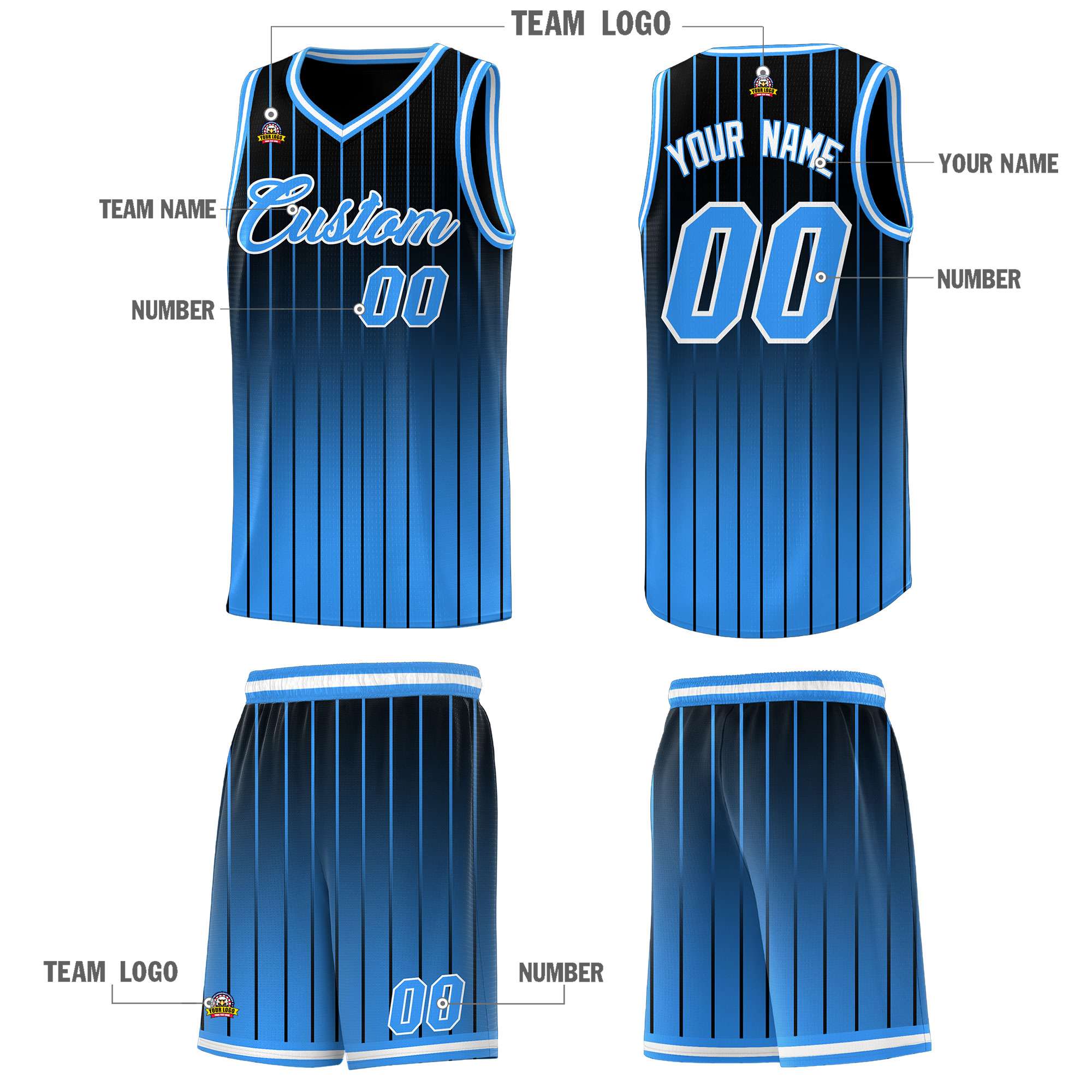 Custom Black Powder Blue Gradient Fashion Sets Sports Stripe Uniform Basketball Jersey