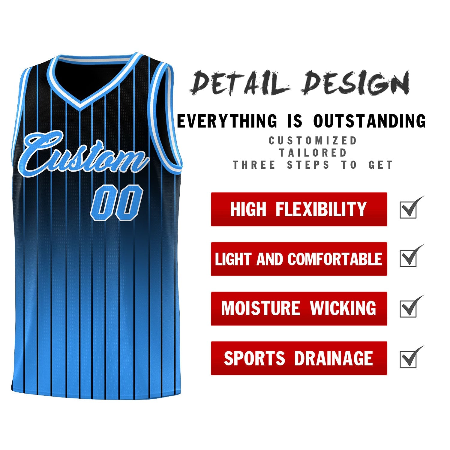 Custom Black Powder Blue Gradient Fashion Sets Sports Stripe Uniform Basketball Jersey