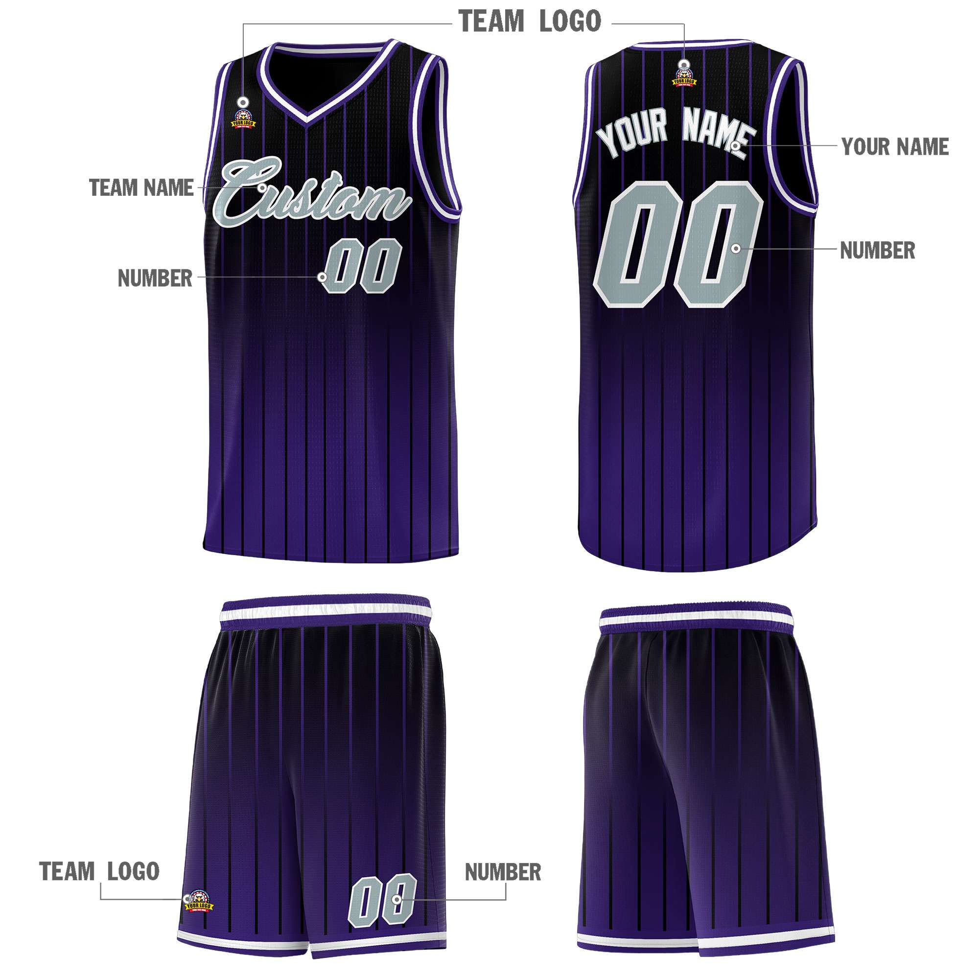 Custom Black Purple Gradient Fashion Sets Sports Stripe Uniform Basketball Jersey