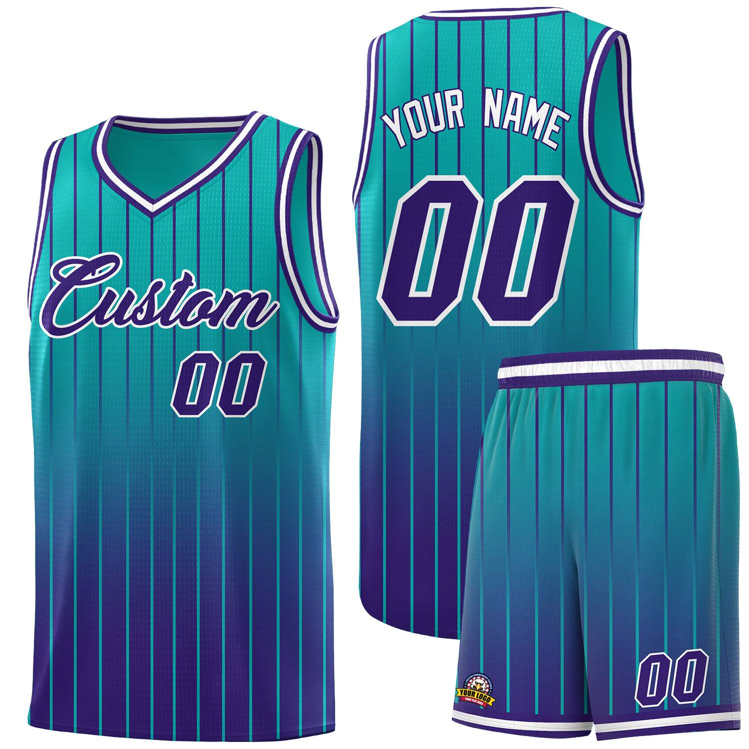 Custom Aqua Purple Gradient Fashion Sets Sports Stripe Uniform Basketball Jersey