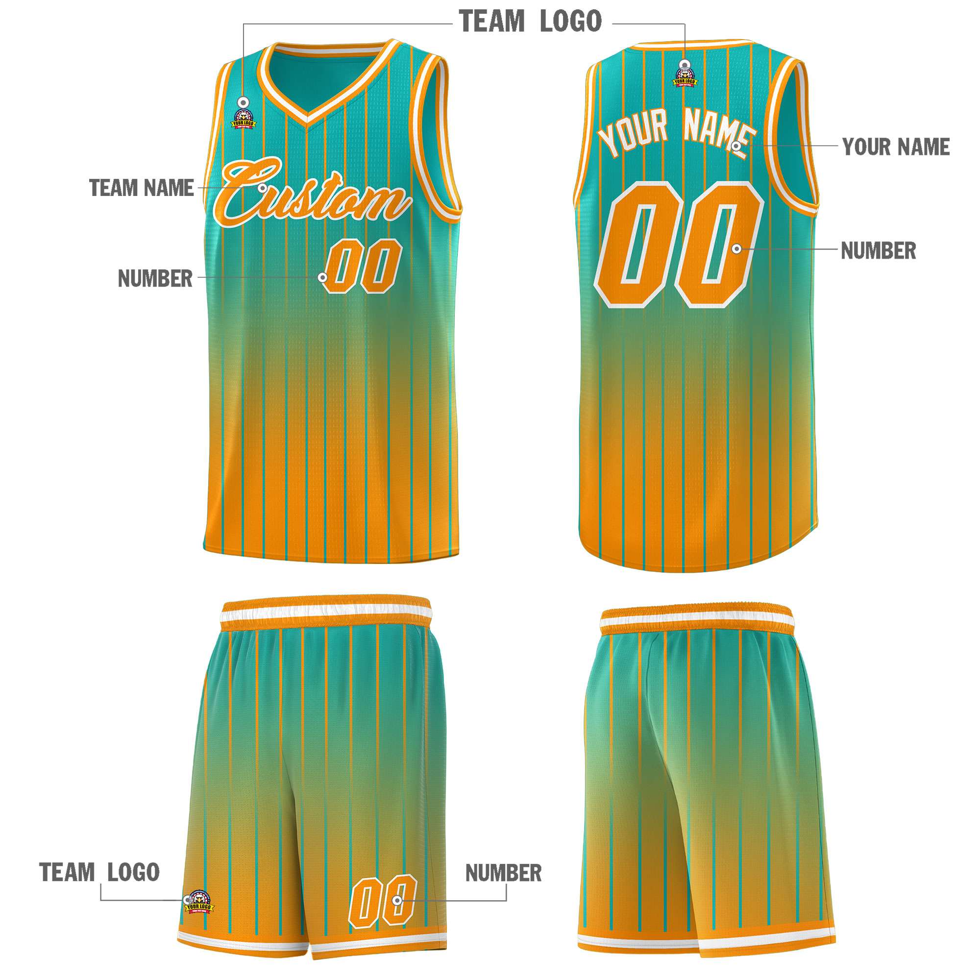 Custom Aqua Orange Gradient Fashion Sets Sports Stripe Uniform Basketball Jersey