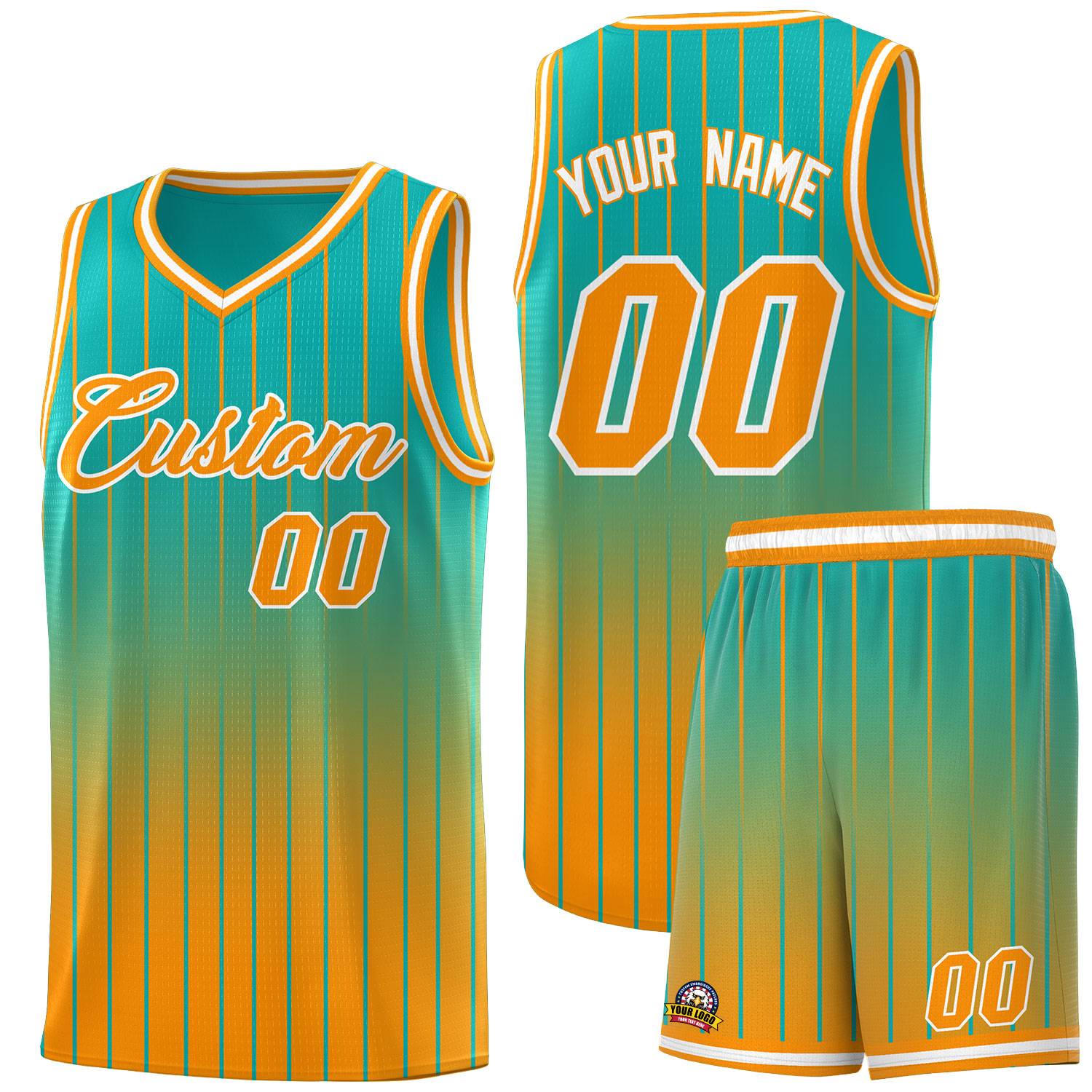 Custom Aqua Orange Gradient Fashion Sets Sports Stripe Uniform Basketball Jersey