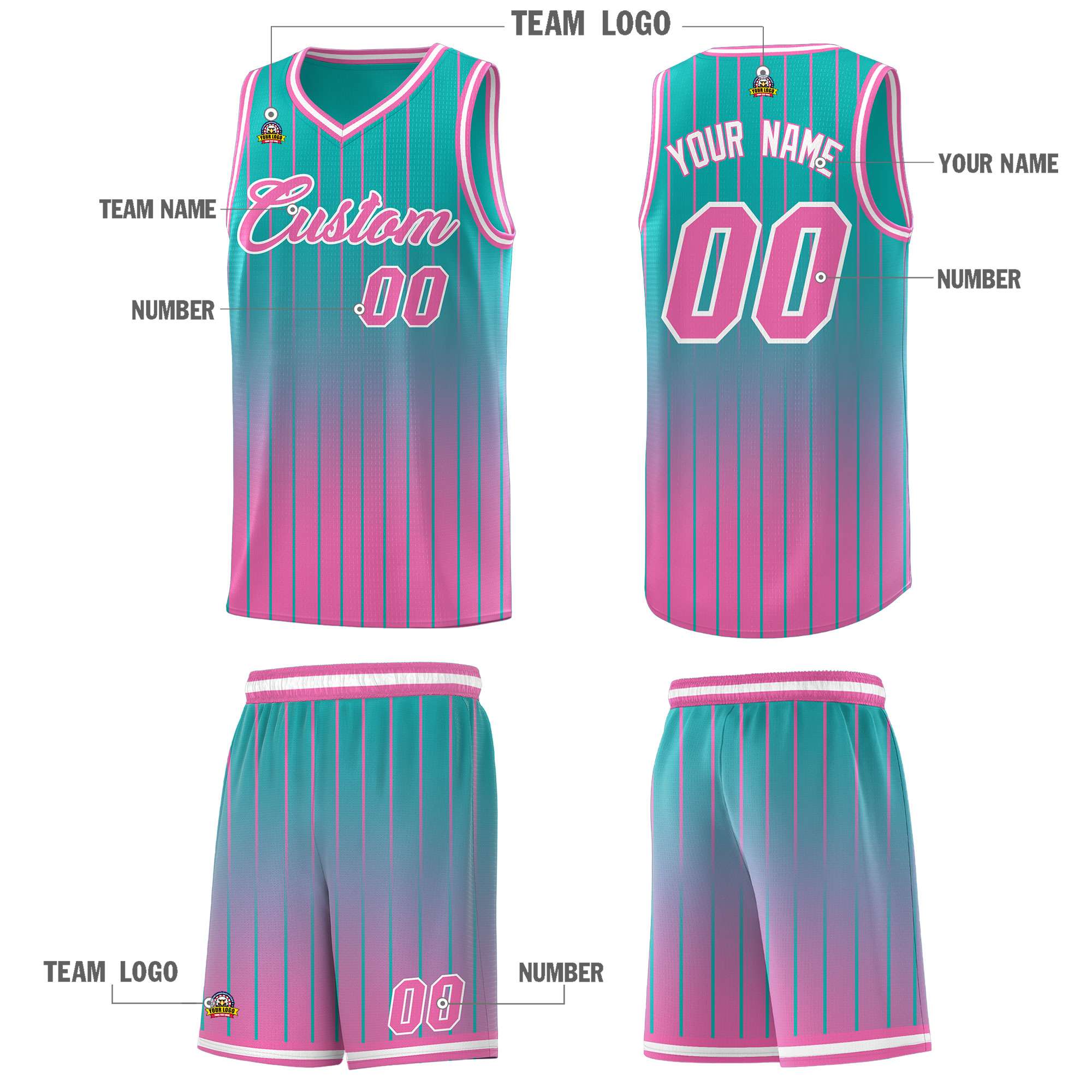 Custom Aqua Pink Gradient Fashion Sets Sports Stripe Uniform Basketball Jersey