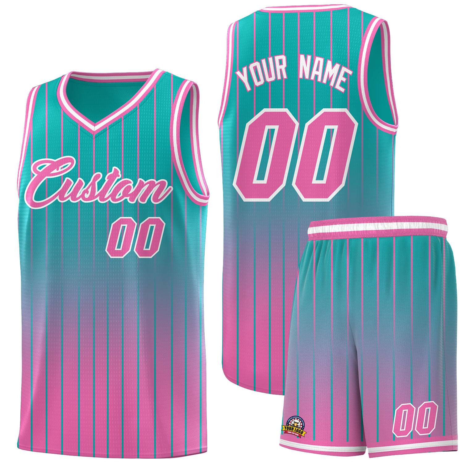 Custom Aqua Pink Gradient Fashion Sets Sports Stripe Uniform Basketball Jersey