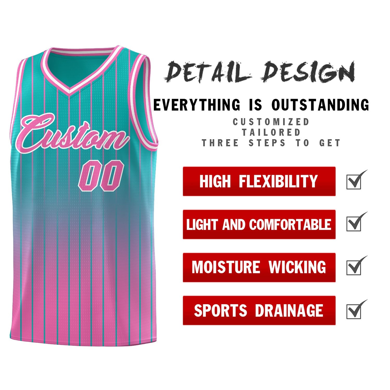 Custom Aqua Pink Gradient Fashion Sets Sports Stripe Uniform Basketball Jersey