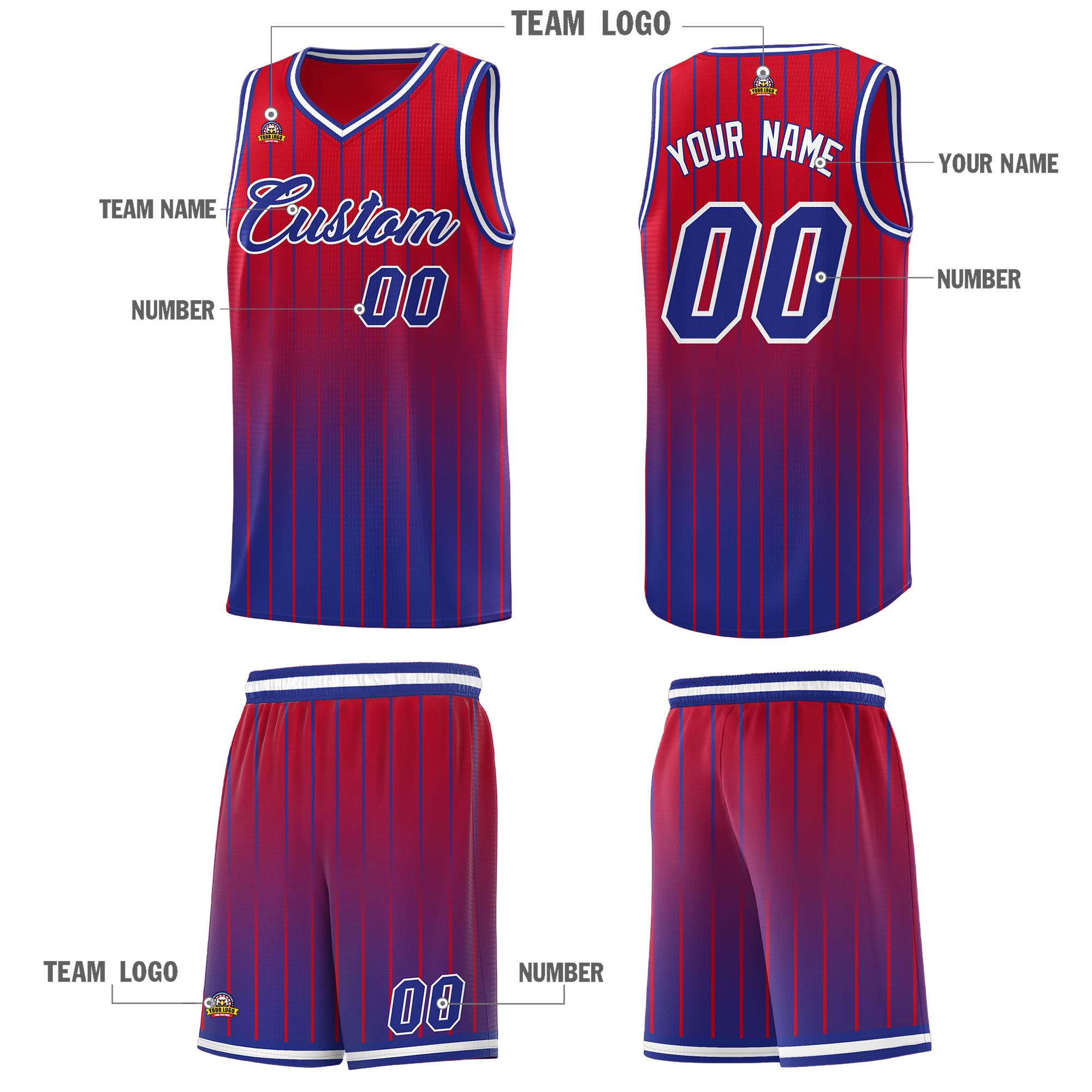 Custom Red Royal Gradient Fashion Sets Sports Stripe Uniform Basketball Jersey