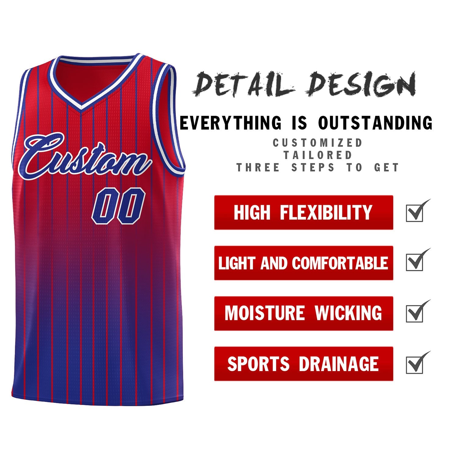 Custom Red Royal Gradient Fashion Sets Sports Stripe Uniform Basketball Jersey