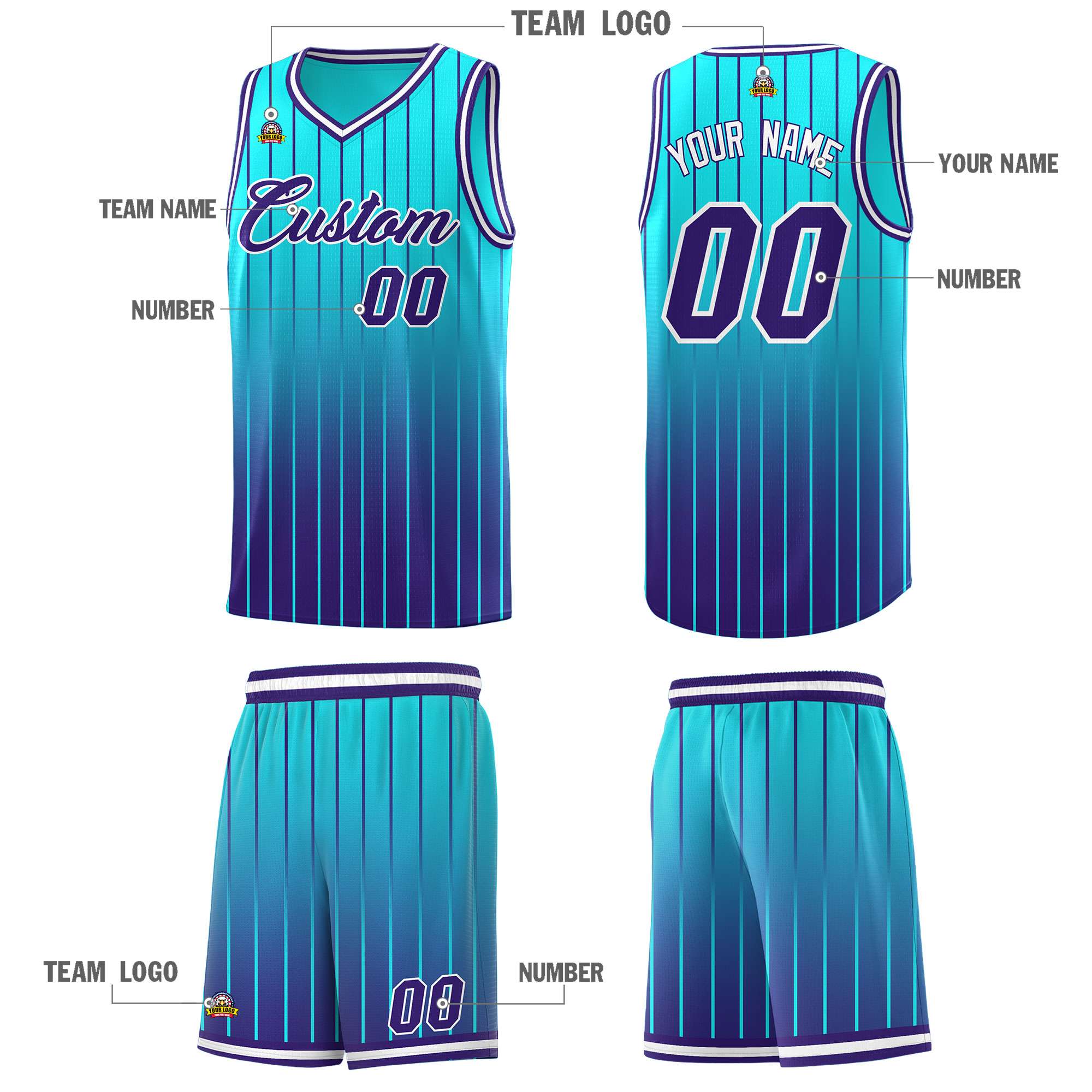 Custom Sky Blue Purple Gradient Fashion Sets Sports Stripe Uniform Basketball Jersey