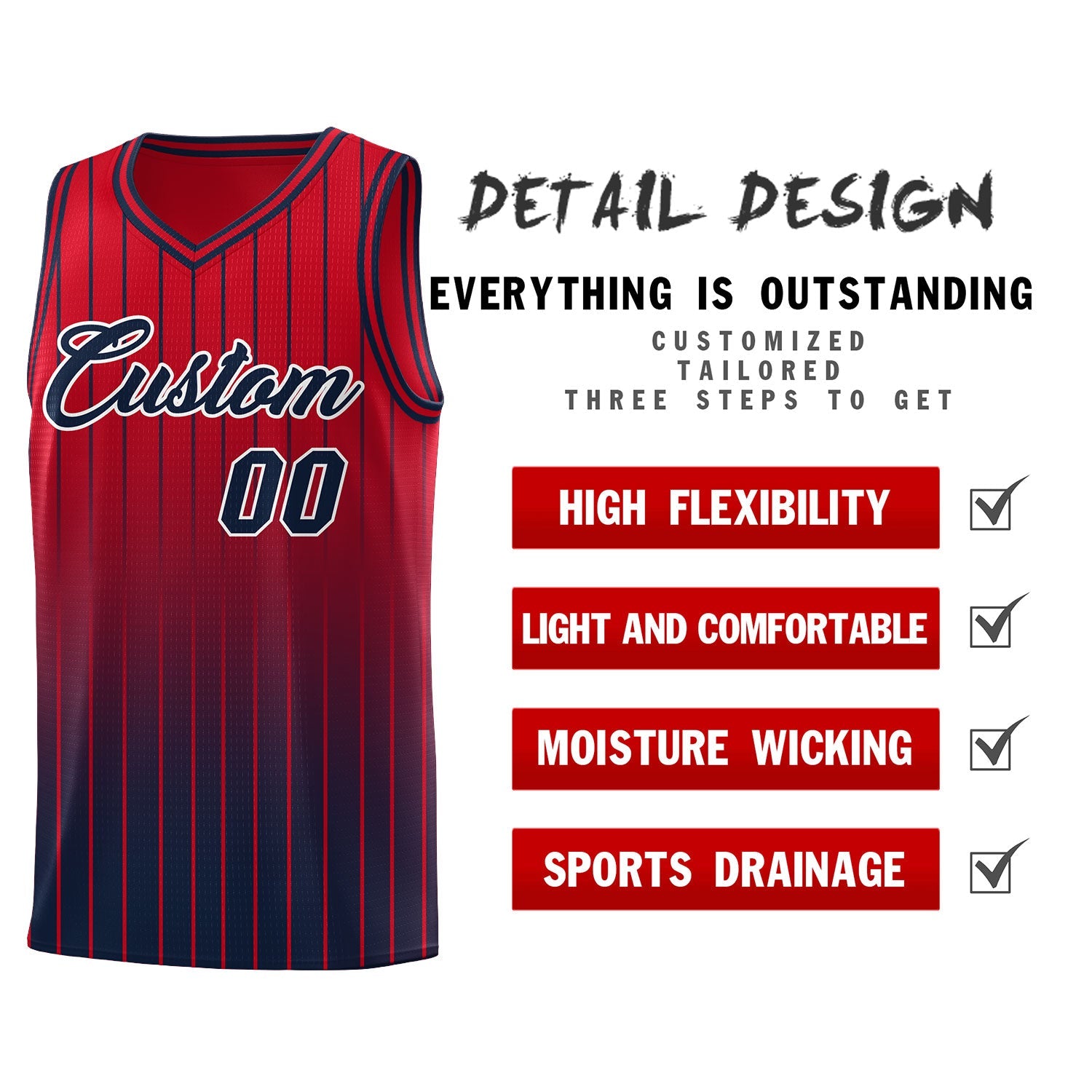 Custom Red Navy Gradient Fashion Sets Sports Stripe Uniform Basketball Jersey