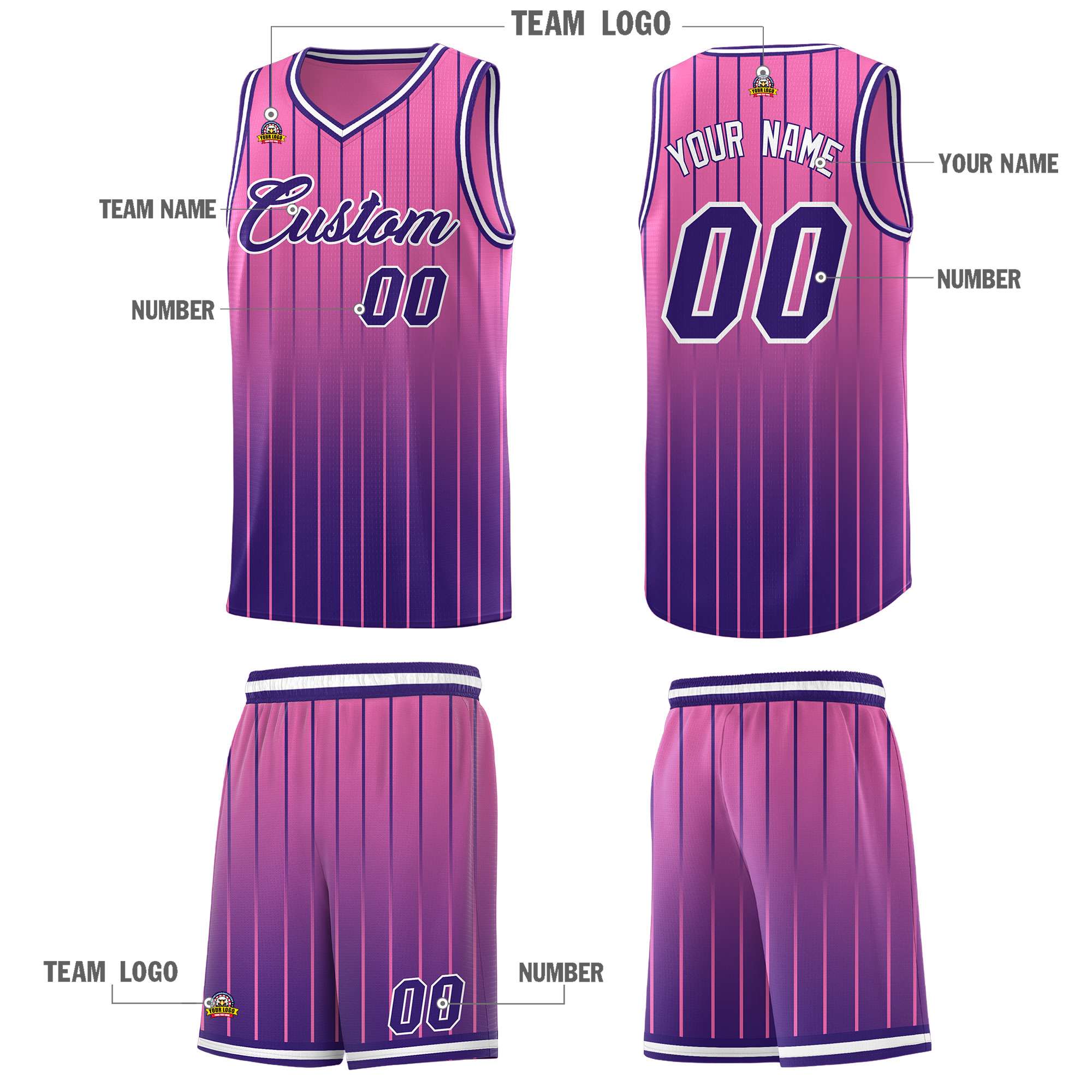 Custom Pink Purple Gradient Fashion Sets Sports Stripe Uniform Basketball Jersey