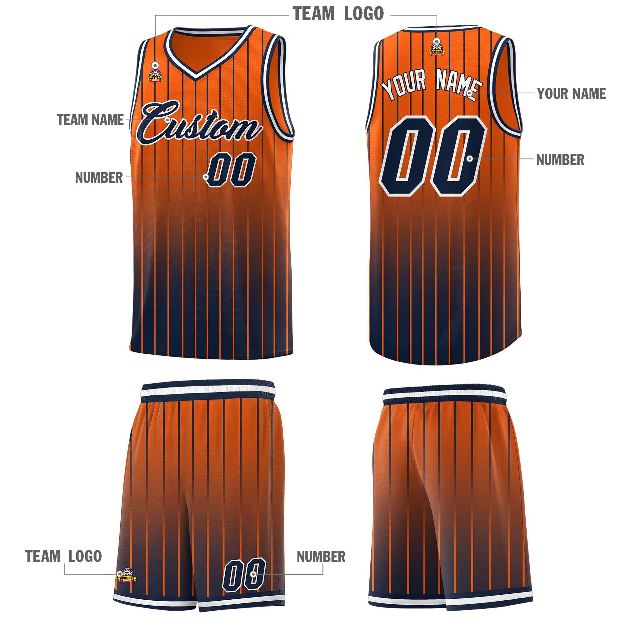 Custom Orange Navy Gradient Fashion Sets Sports Stripe Uniform Basketball Jersey