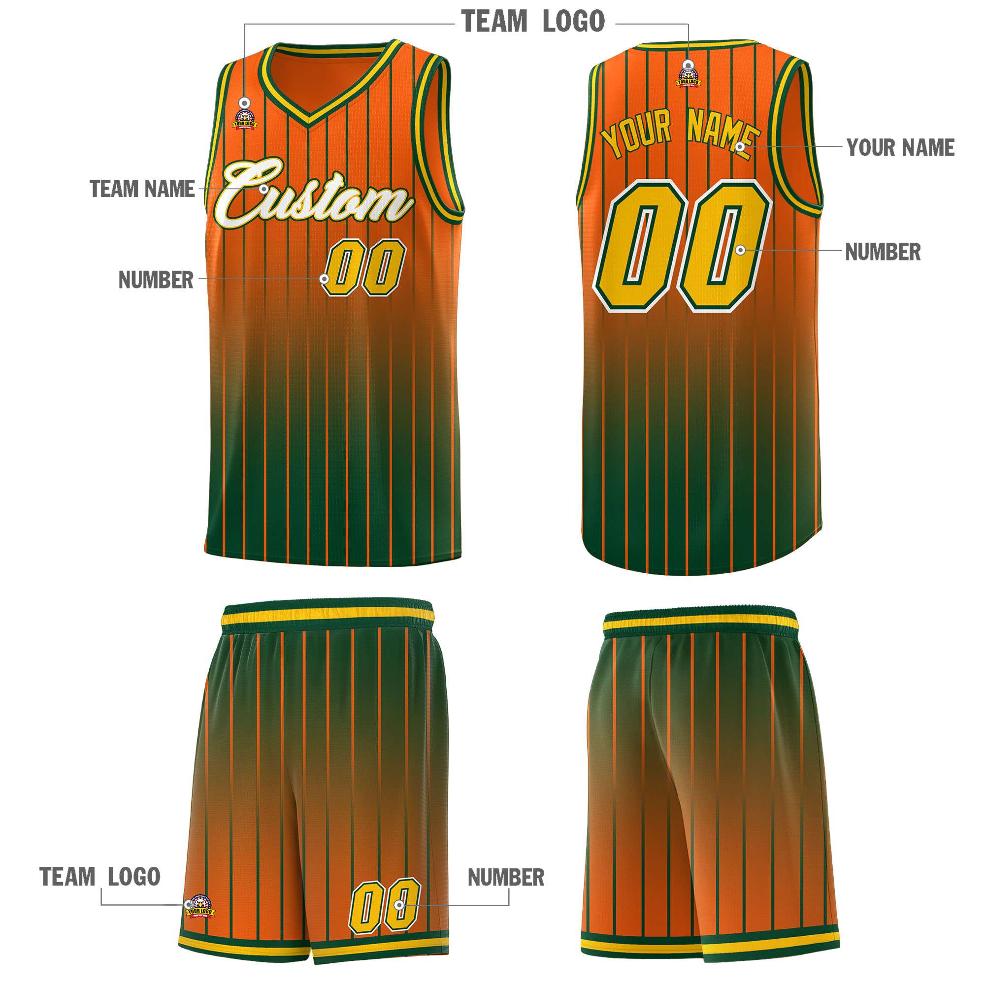 Custom Orange Green Gradient Fashion Sets Sports Stripe Uniform Basketball Jersey