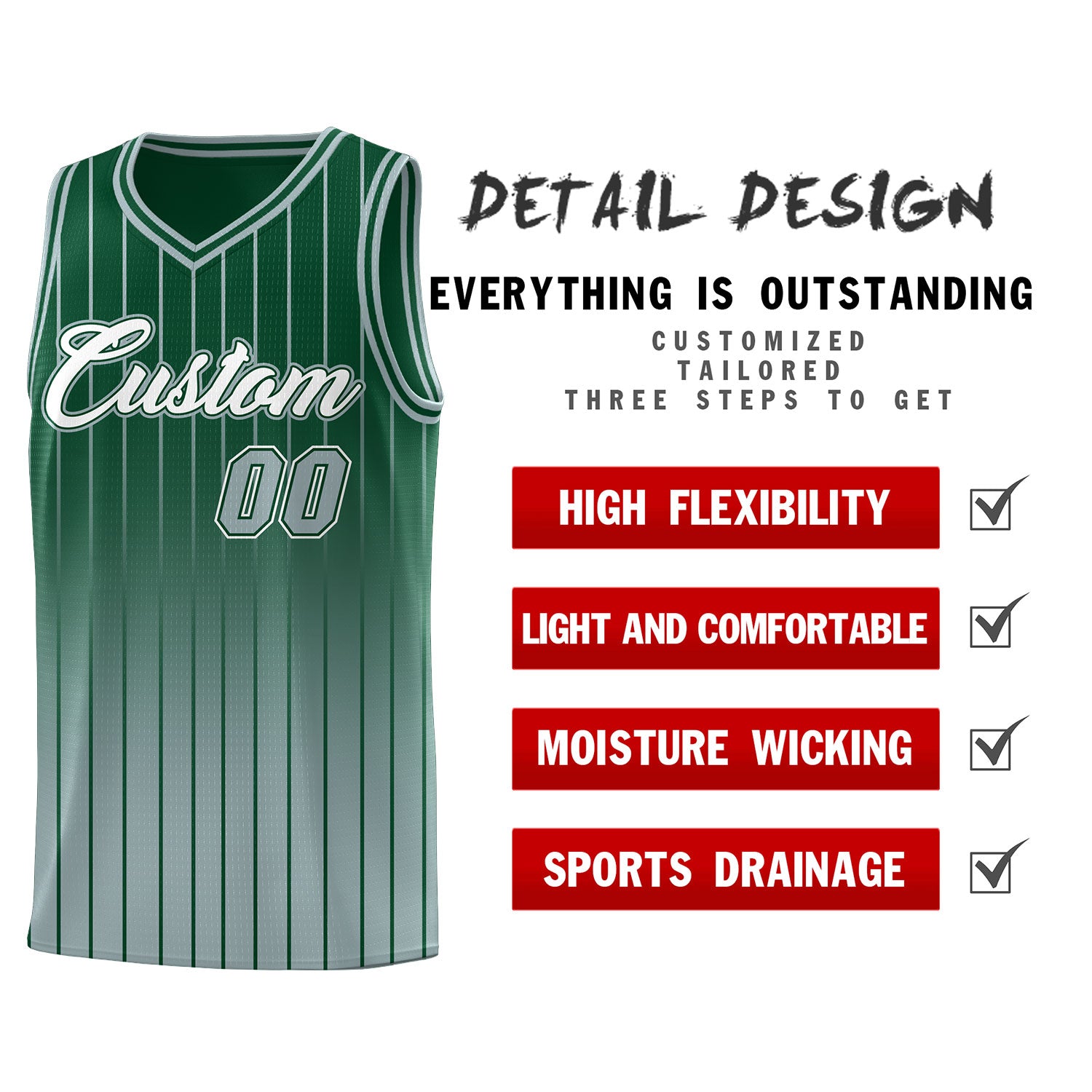 Custom Green Silver Gradient Fashion Sets Sports Stripe Uniform Basketball Jersey