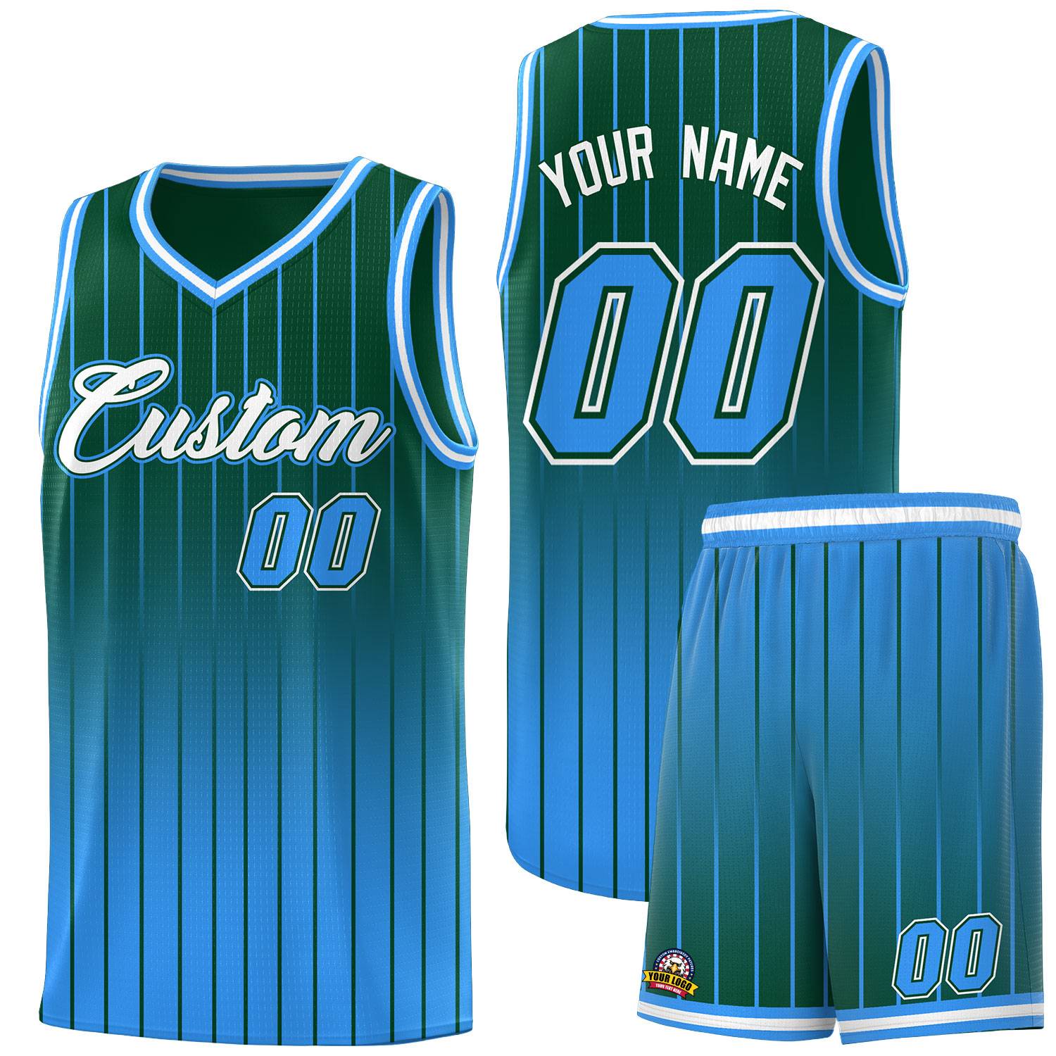 Custom Green Powder Blue Gradient Fashion Sets Sports Stripe Uniform Basketball Jersey