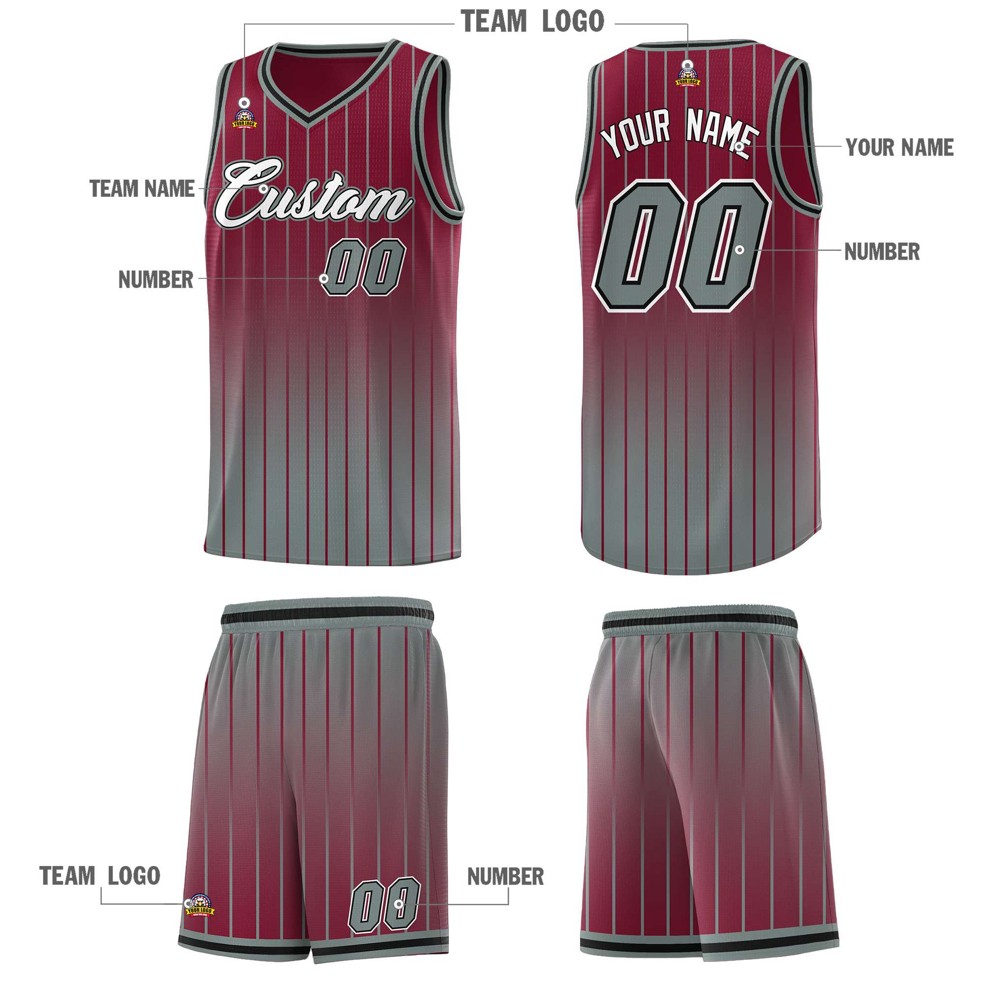 Custom Crimson Gray Gradient Fashion Sets Sports Stripe Uniform Basketball Jersey