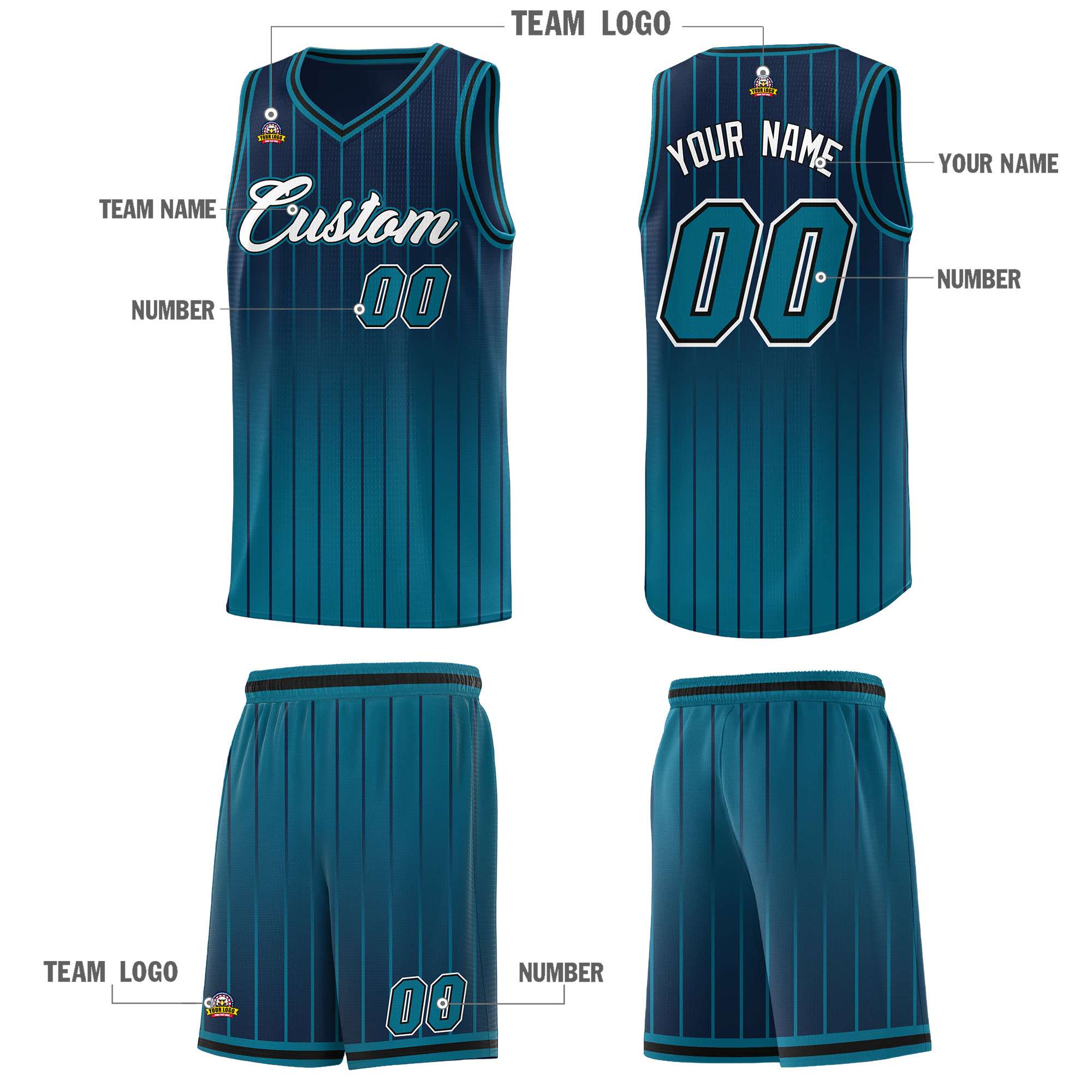 Custom Navy Aqua Gradient Fashion Sets Sports Stripe Uniform Basketball Jersey