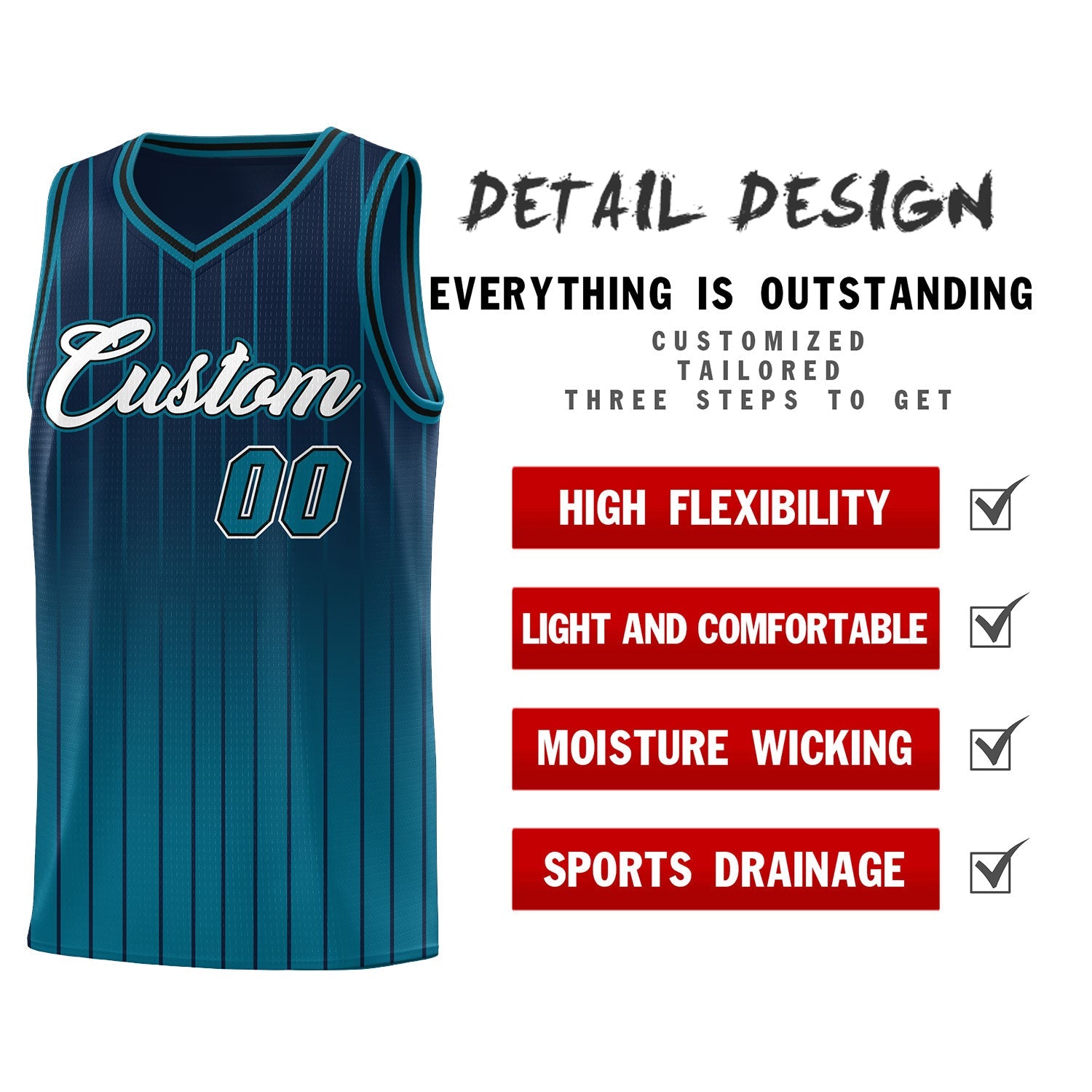 Custom Navy Aqua Gradient Fashion Sets Sports Stripe Uniform Basketball Jersey