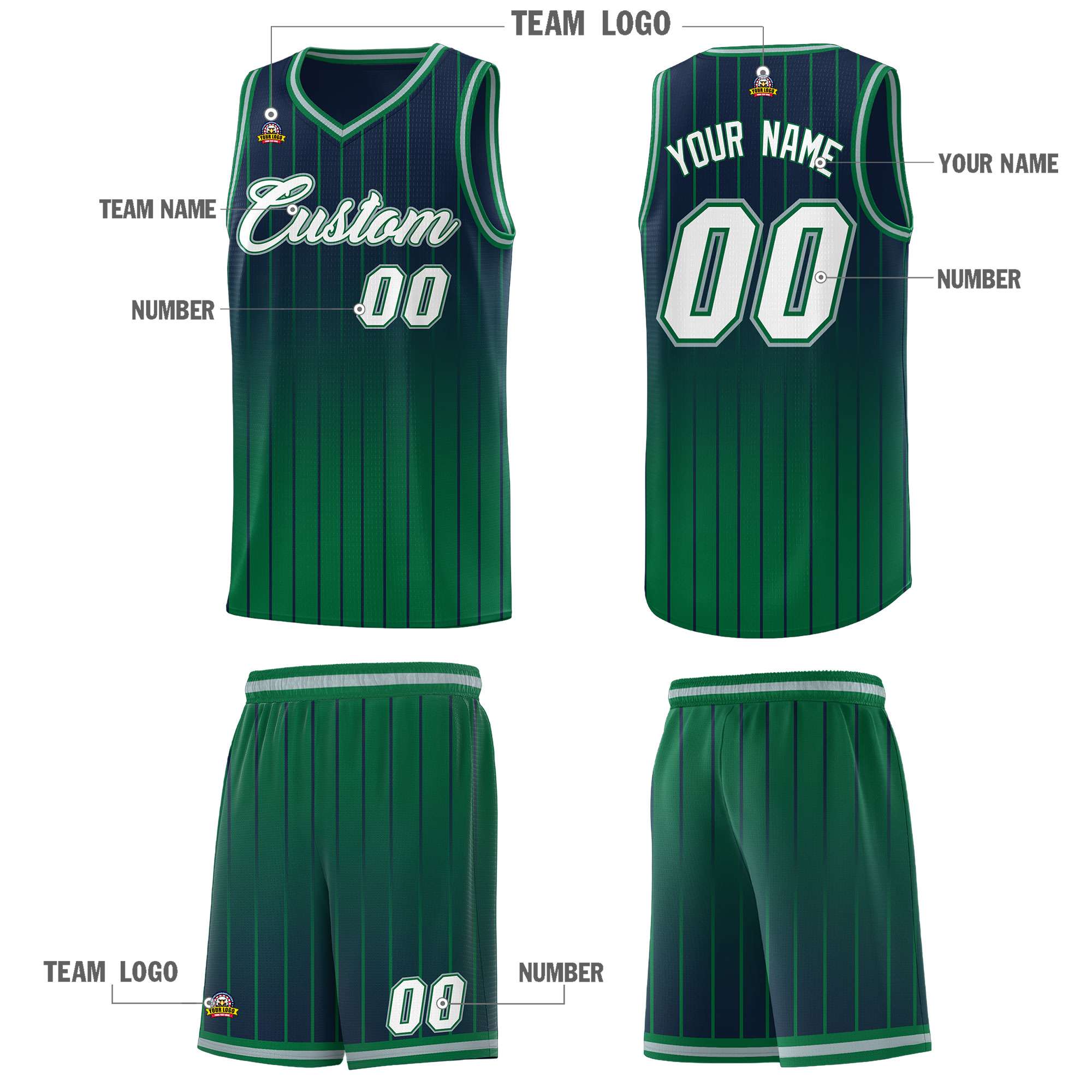 Custom Navy Kelly Green Gradient Fashion Sets Sports Stripe Uniform Basketball Jersey