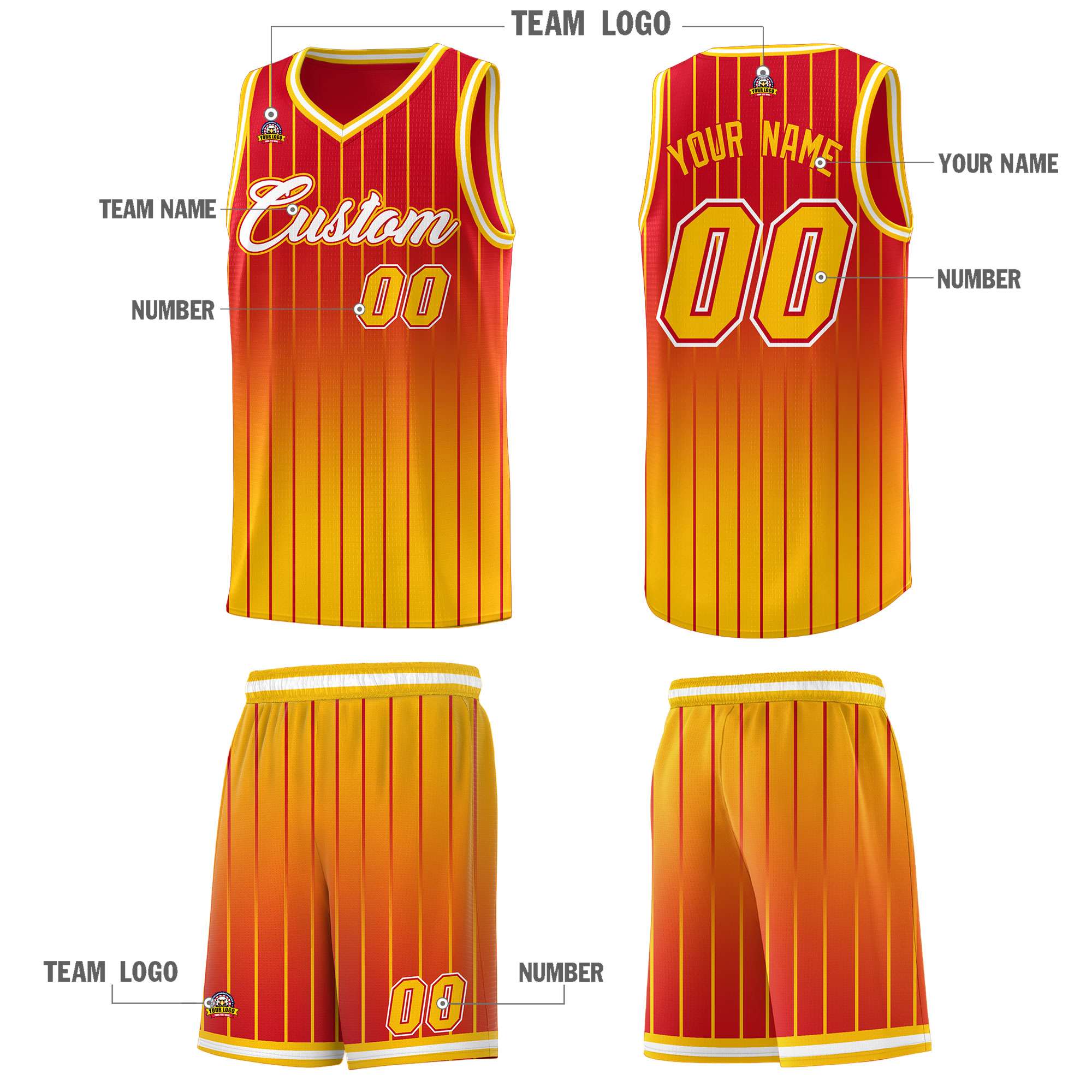 Custom Red Gold Gradient Fashion Sets Sports Stripe Uniform Basketball Jersey