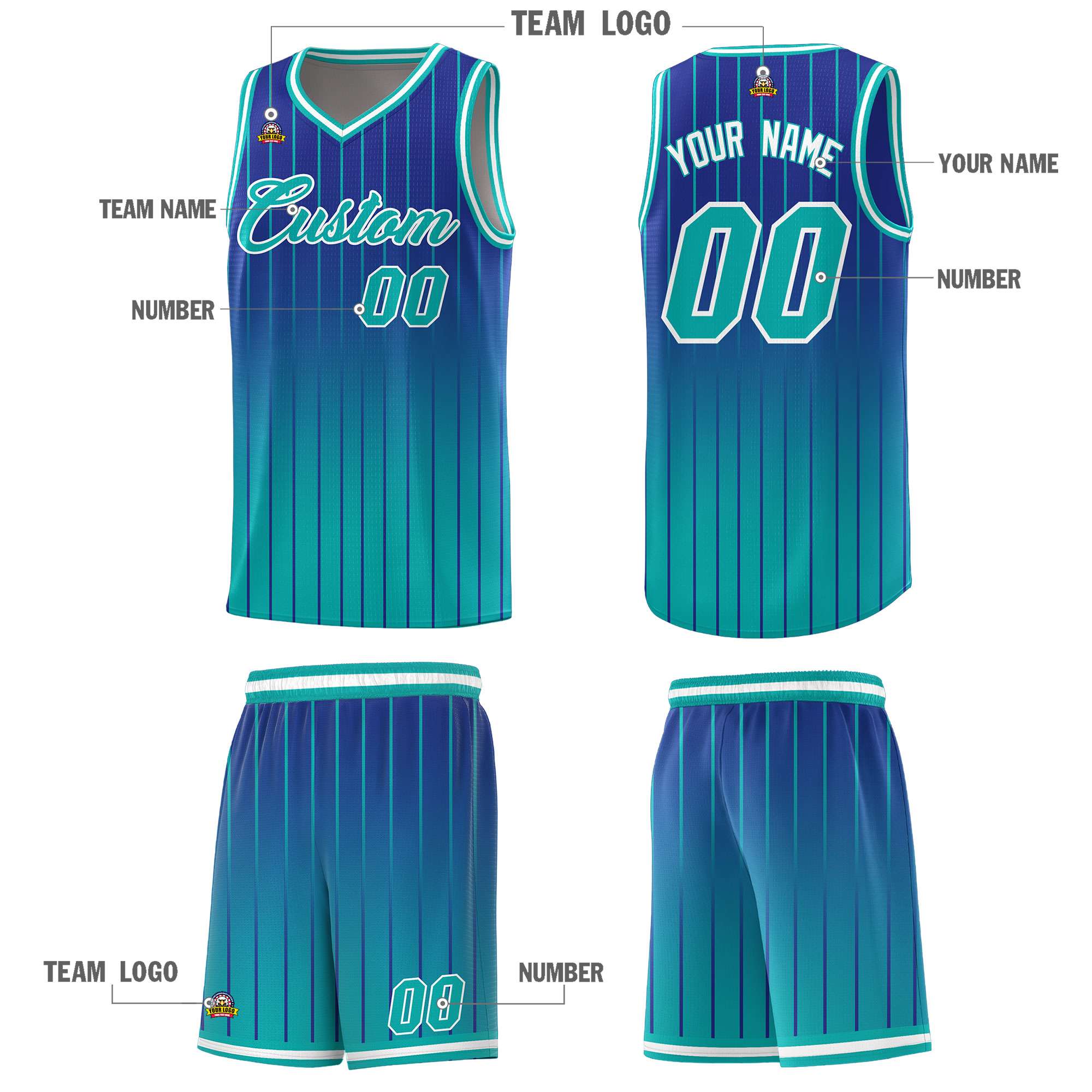 Custom Royal Bright Green Gradient Fashion Sets Sports Stripe Uniform Basketball Jersey