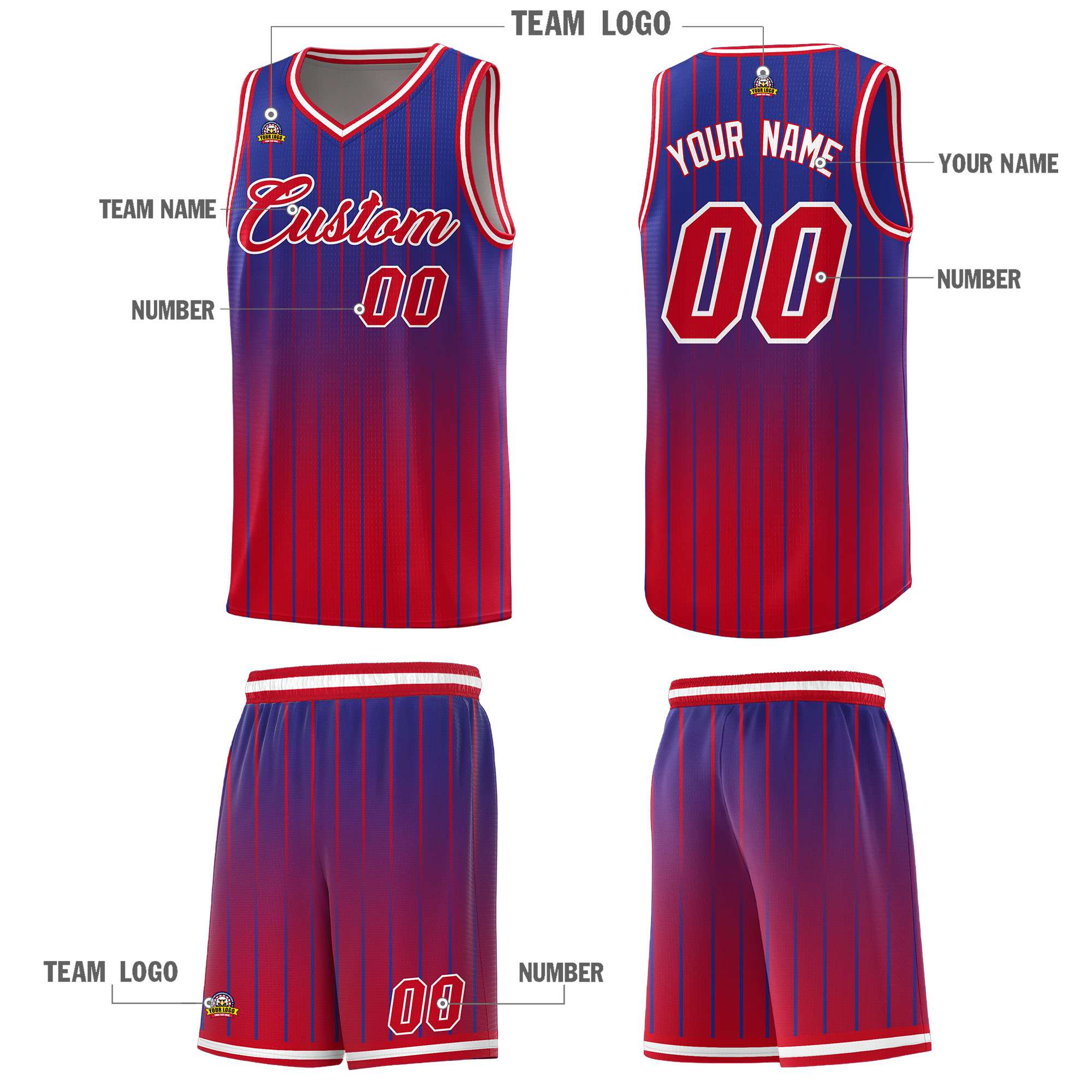 Custom Royal Red Gradient Fashion Sets Sports Stripe Uniform Basketball Jersey